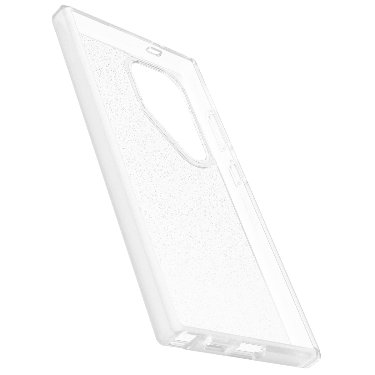 Custodia trasparente per telefono con brillantini. La custodia del telefono è inclinata, mostrando il lato.