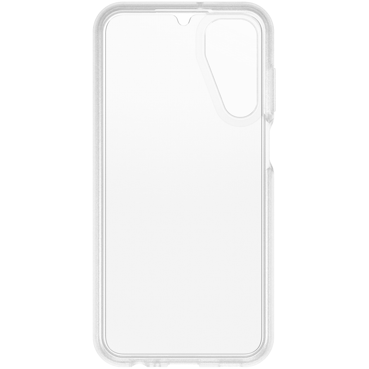 Una custodia trasparente per telefono. Ha un ritaglio per la fotocamera e un ritaglio per lo schermo. La custodia è trasparente.