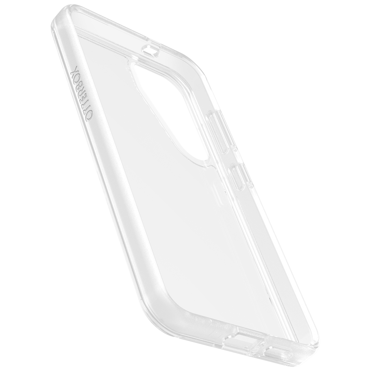Custodia trasparente per telefono. Vista angolata, che mostra l'interno. Marchio Otterbox.