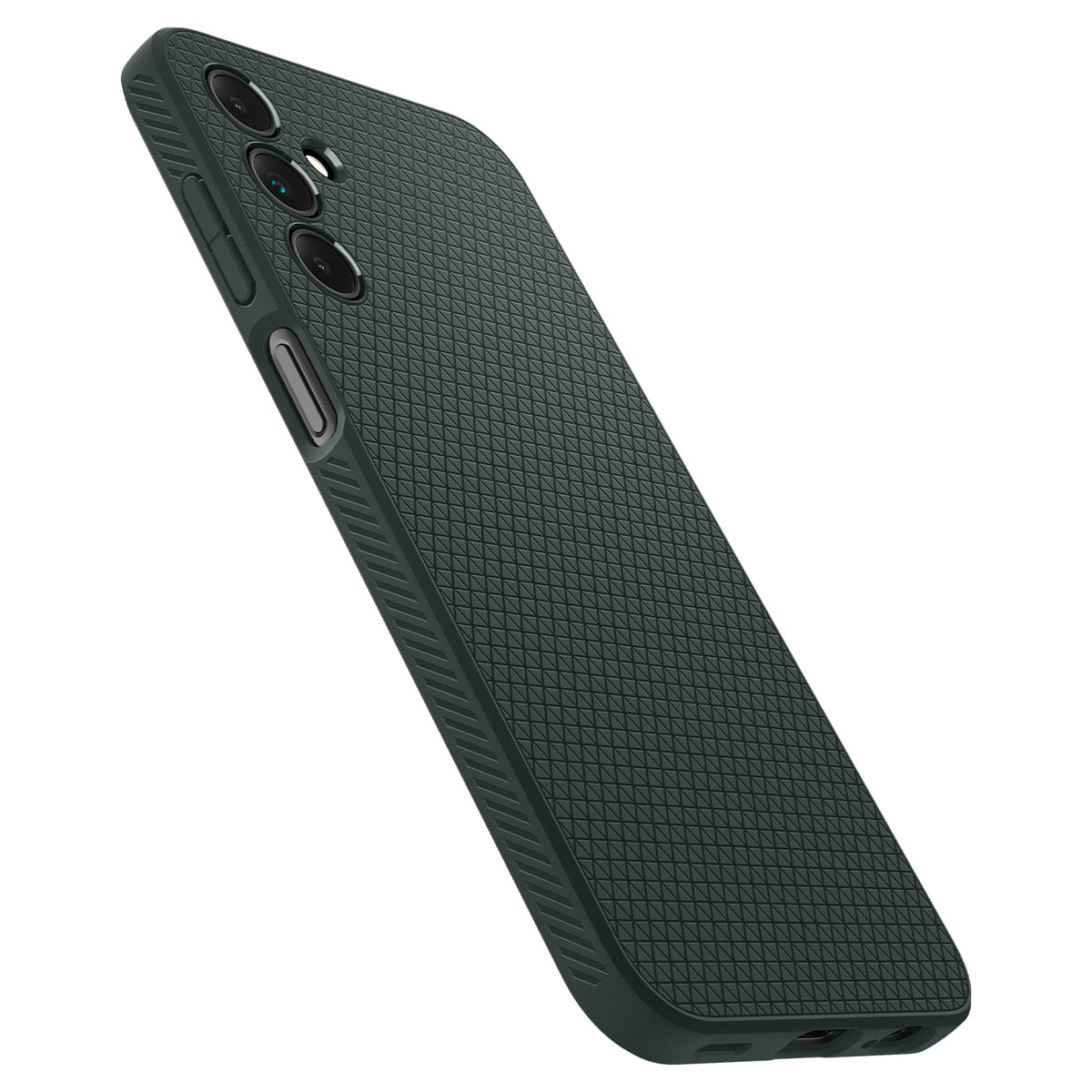 Custodia per telefono verde scuro con un motivo strutturato. La custodia è angolata, mostrando il lato e il retro.
