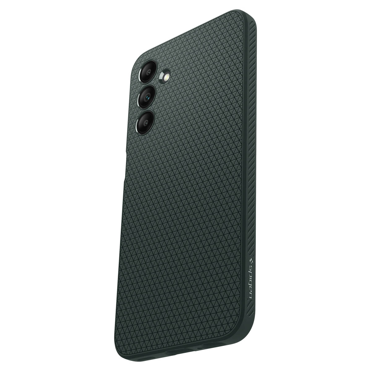 Custodia per telefono verde scuro angolata, con un motivo strutturato. Il logo Spigen è sul lato.