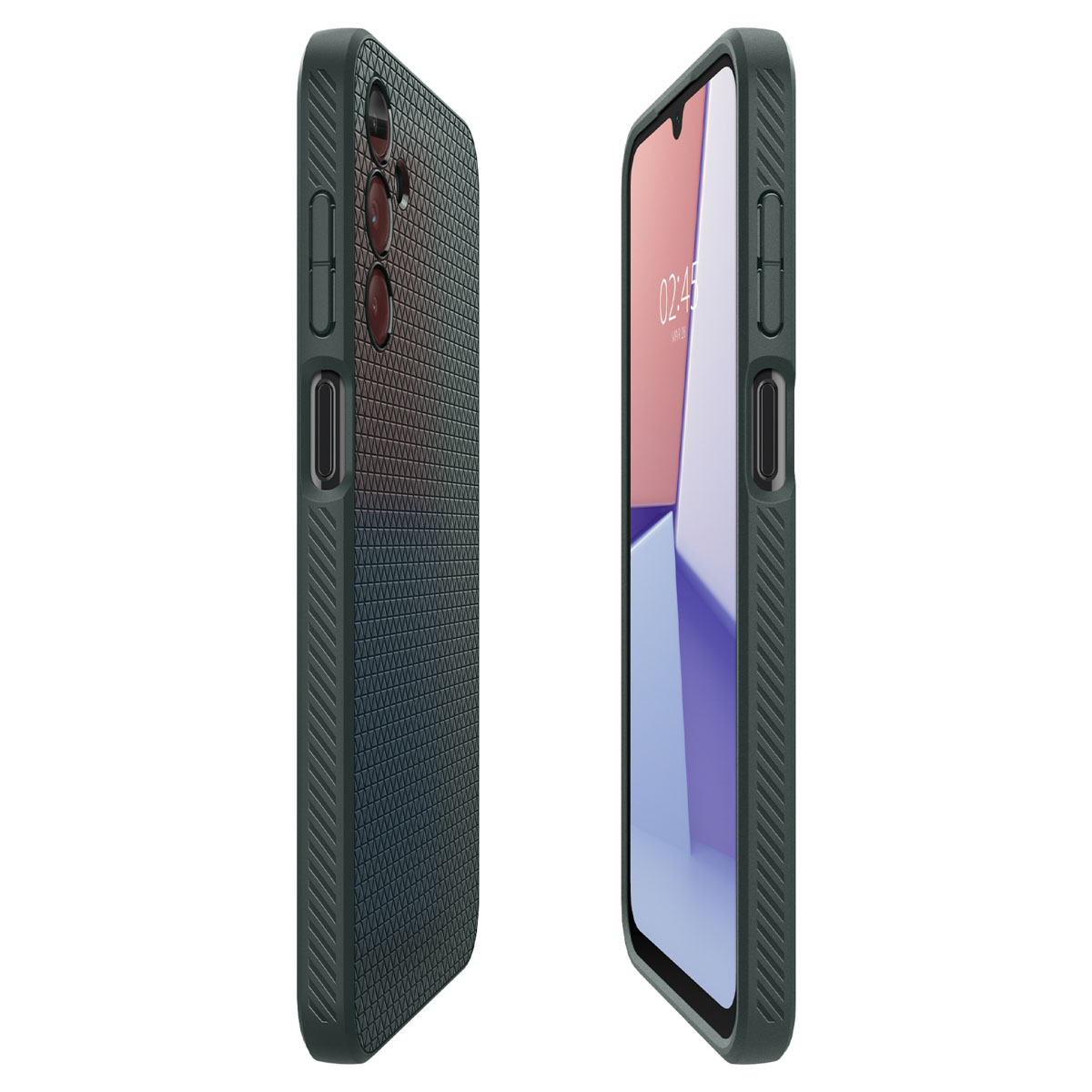 Due telefoni. Uno in una custodia verde con un motivo strutturato, l'altro mostra uno schermo con l'ora.