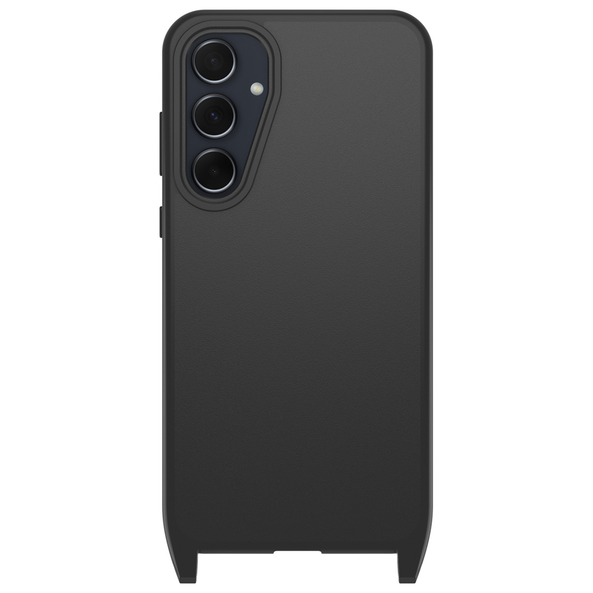 Telefono nero con tre obiettivi e custodia nera. Il marchio è Otterbox.