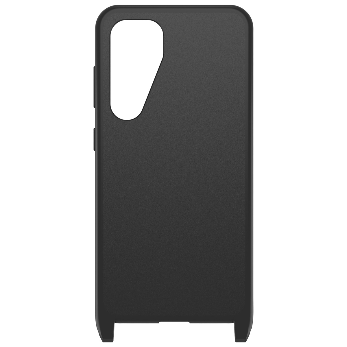 Custodia nera per telefono. La custodia ha ritagli per la fotocamera e i pulsanti.