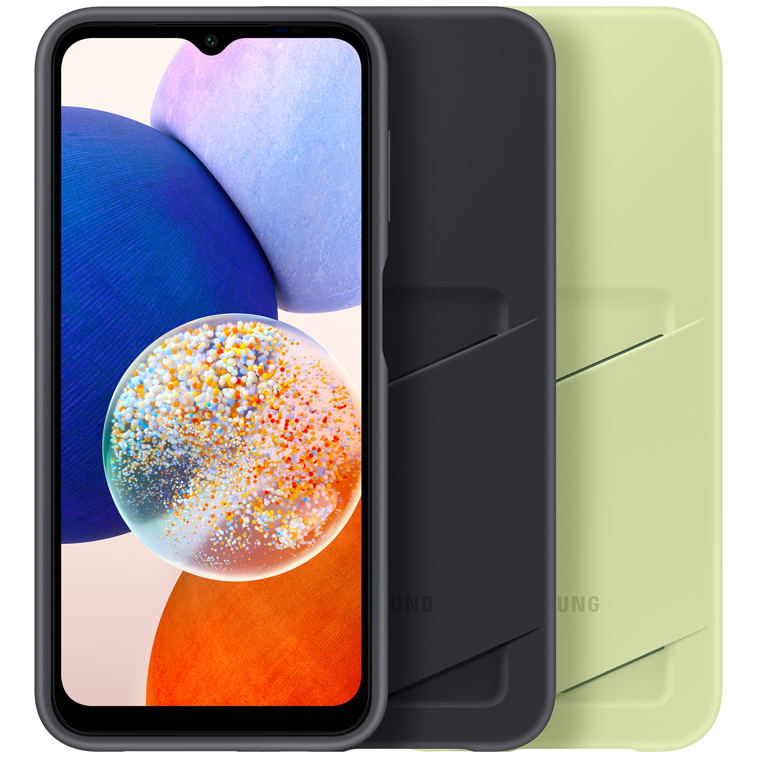 Drei Handyhüllen in verschiedenen Farben mit einem Telefon in der Mitte.