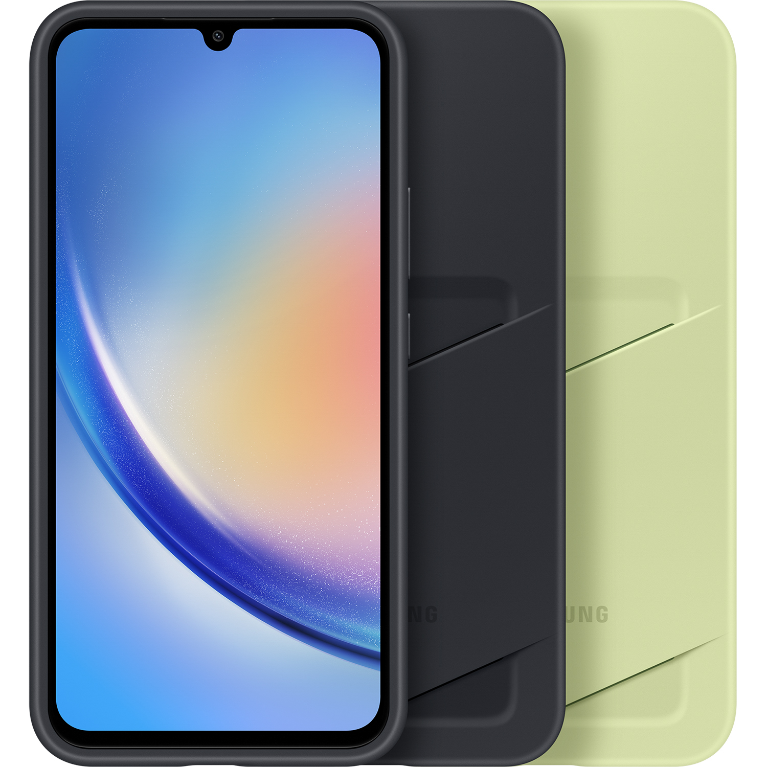 Smartphone met drie hoesjes, zwart en groen, witte achtergrond.