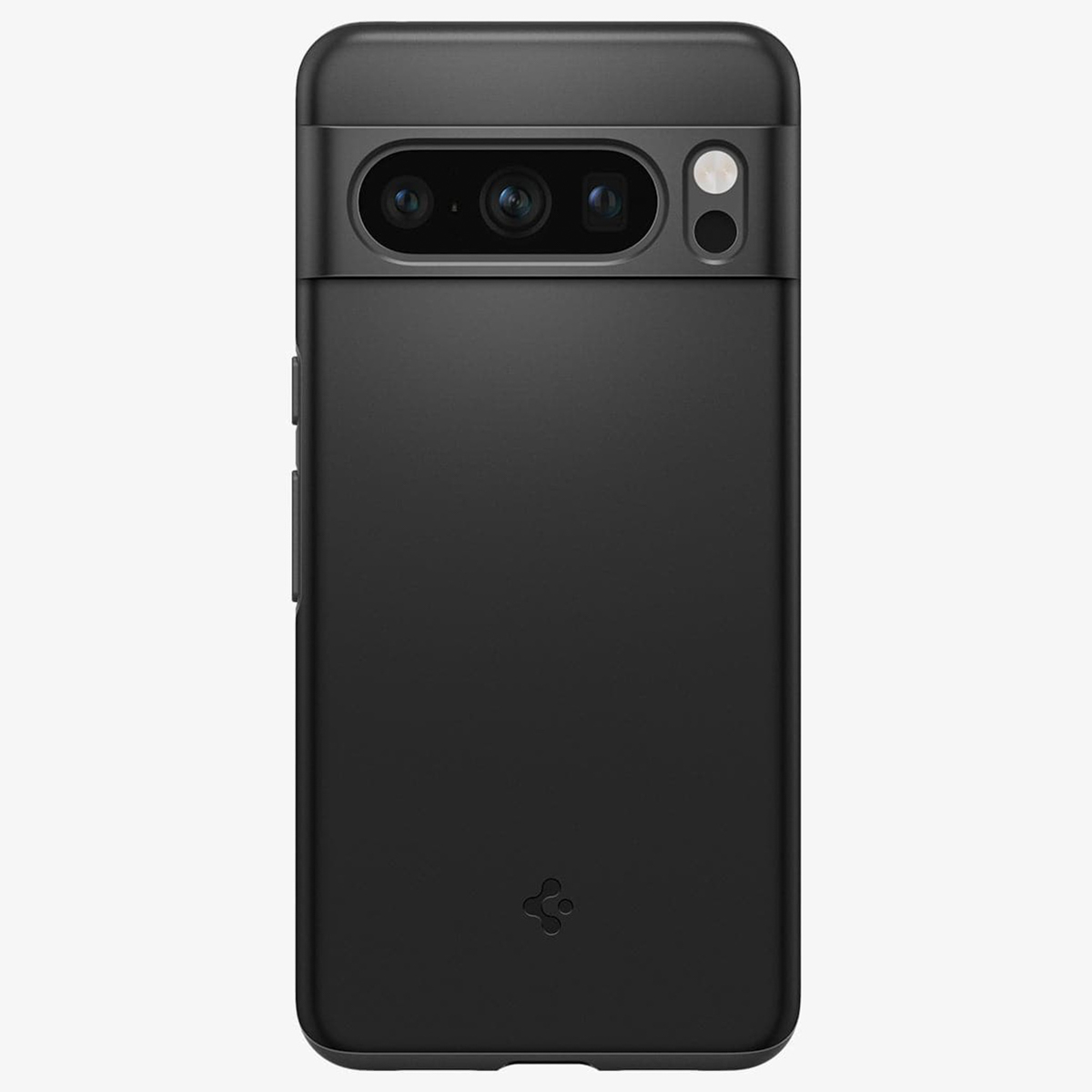 Viene mostrata una custodia nera per telefono, con più obiettivi della fotocamera sul retro.