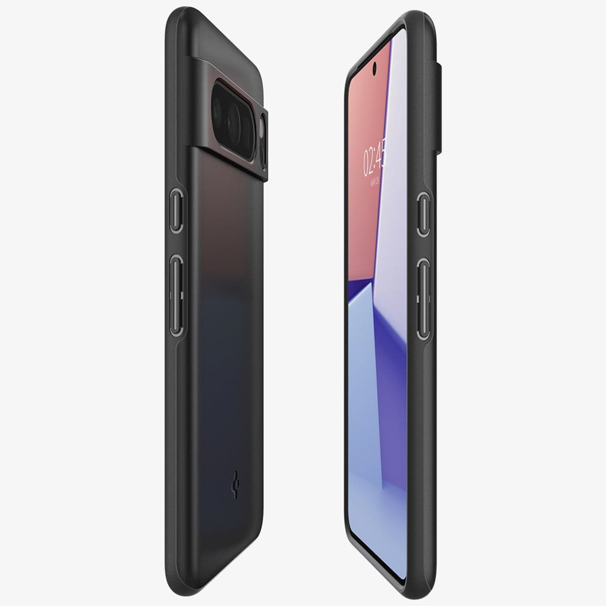 Due telefoni con custodie nere affiancati. Uno mostra uno schermo, l'altro è visibile di lato.
