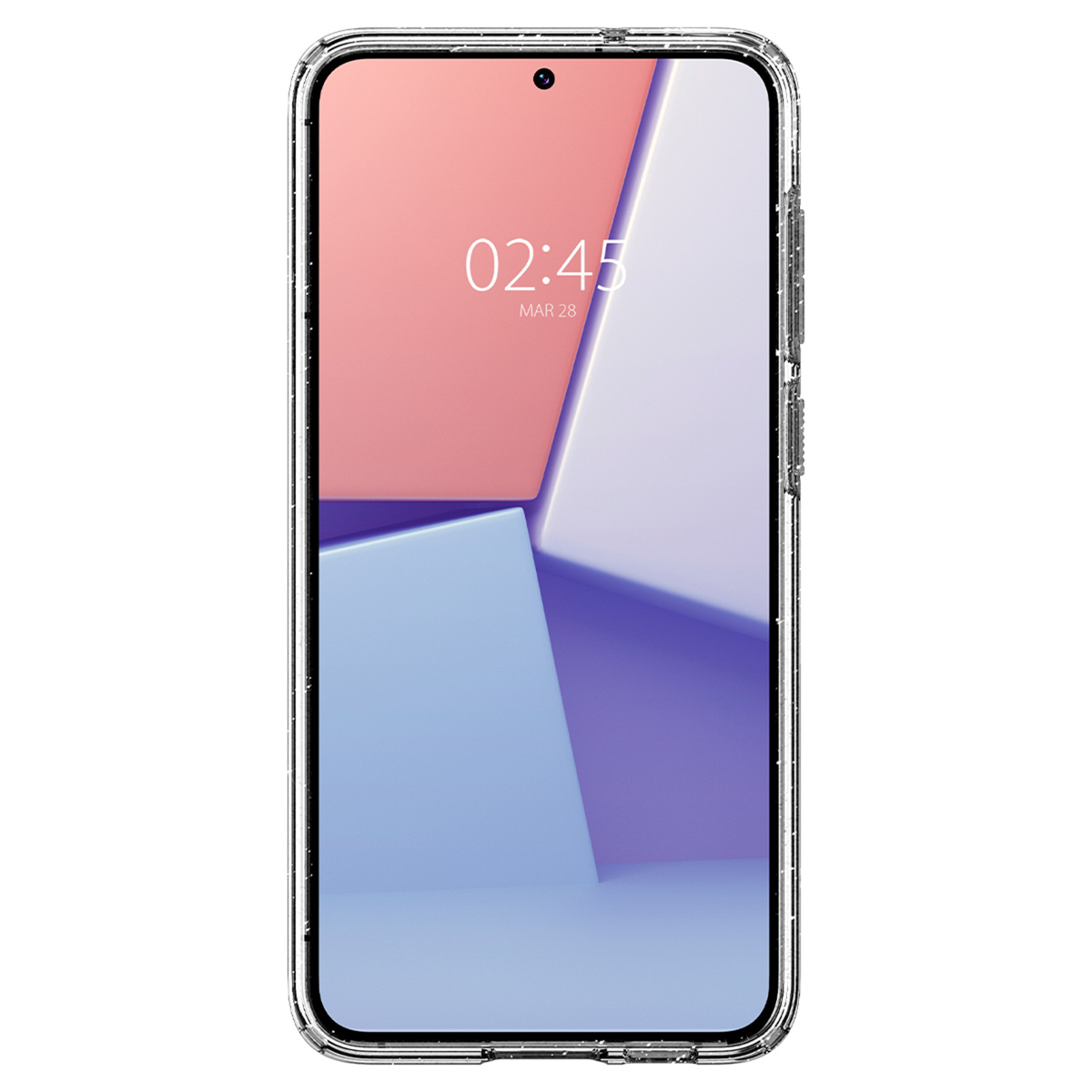 Un téléphone dans un étui transparent affichant un fond abstrait coloré et l'heure.