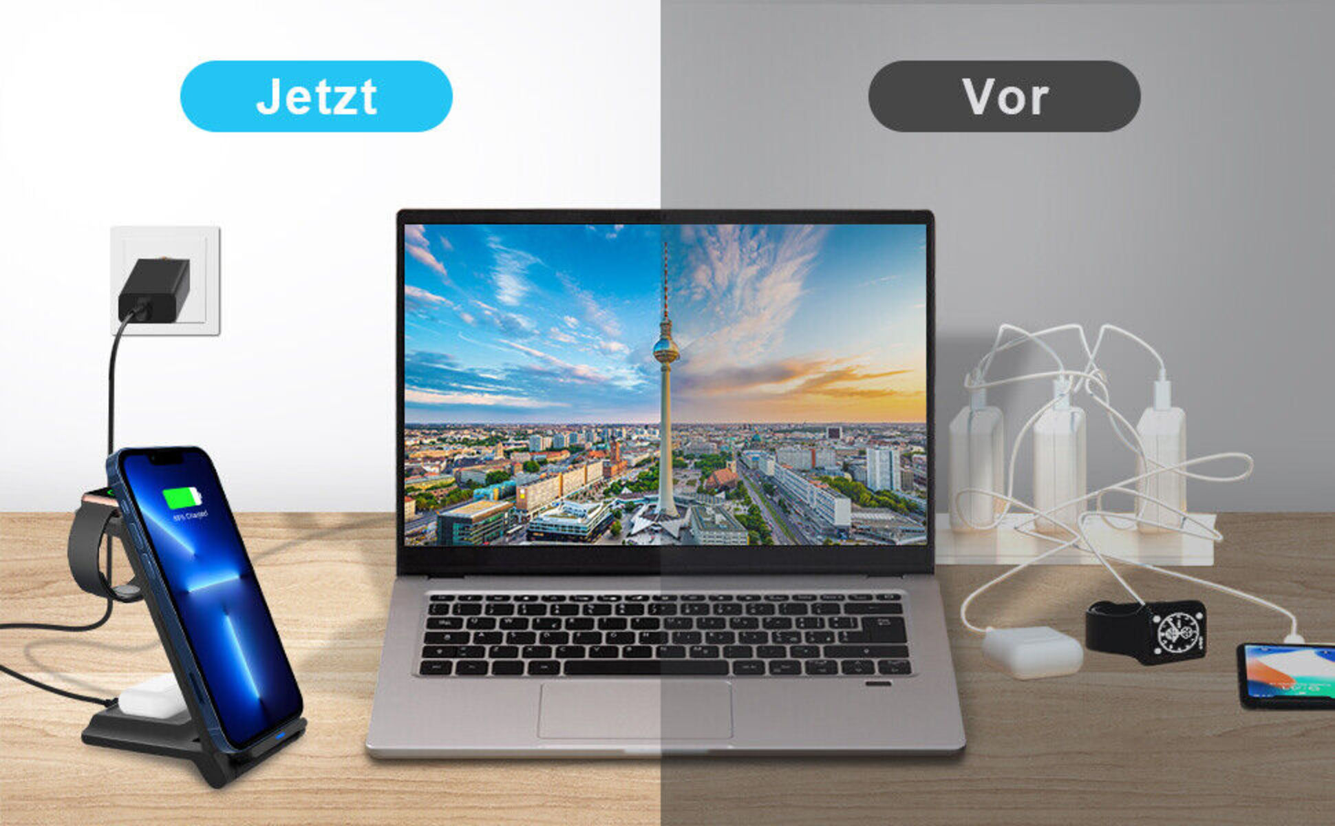 Eine Ladestation mit Telefon und Uhr, verglichen mit einem unordentlichen Schreibtisch mit Kabeln. Berlin im Hintergrund.