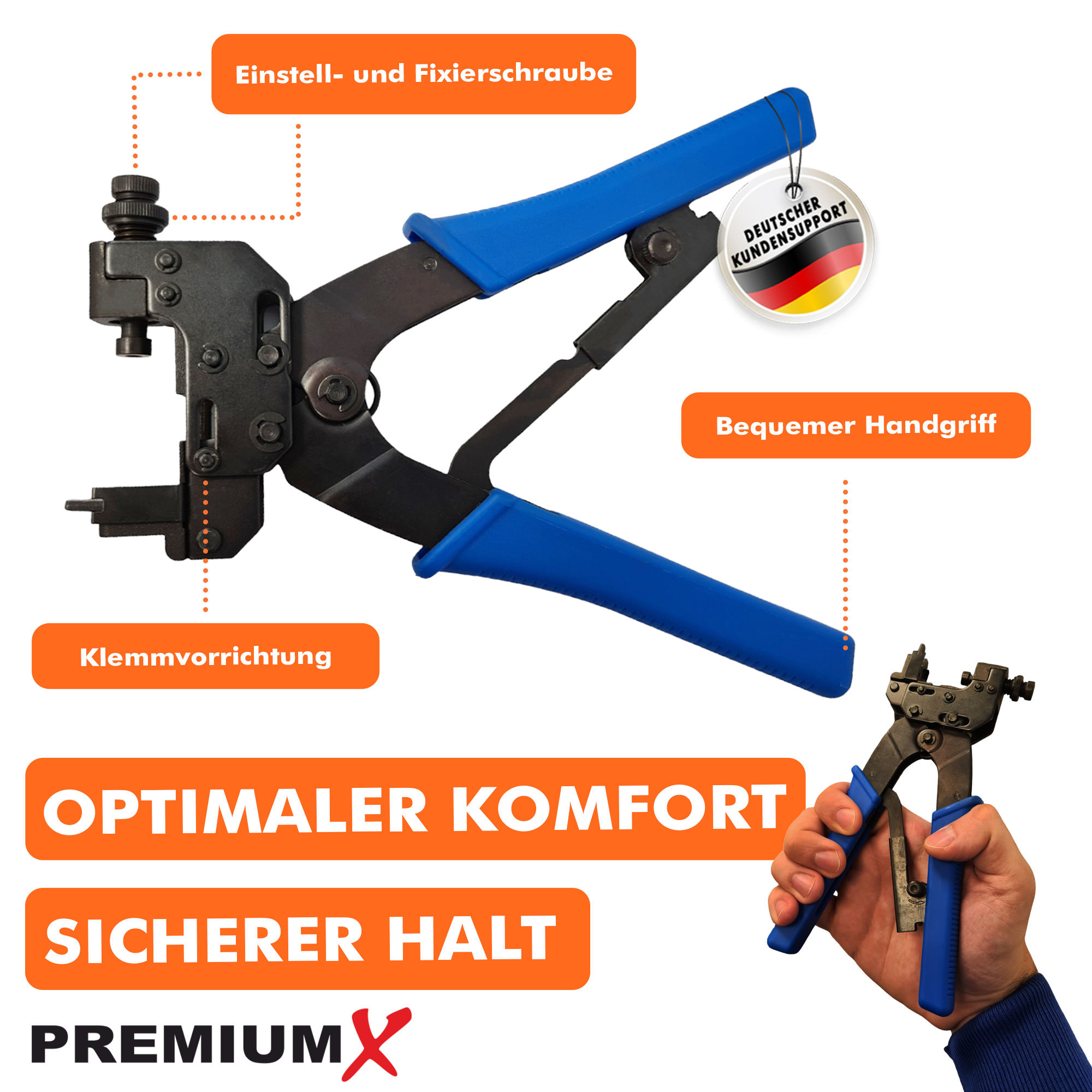 Crimpzange mit blauen Griffen. Textkennzeichnungen zeigen Teile. Hand, die das Werkzeug hält.