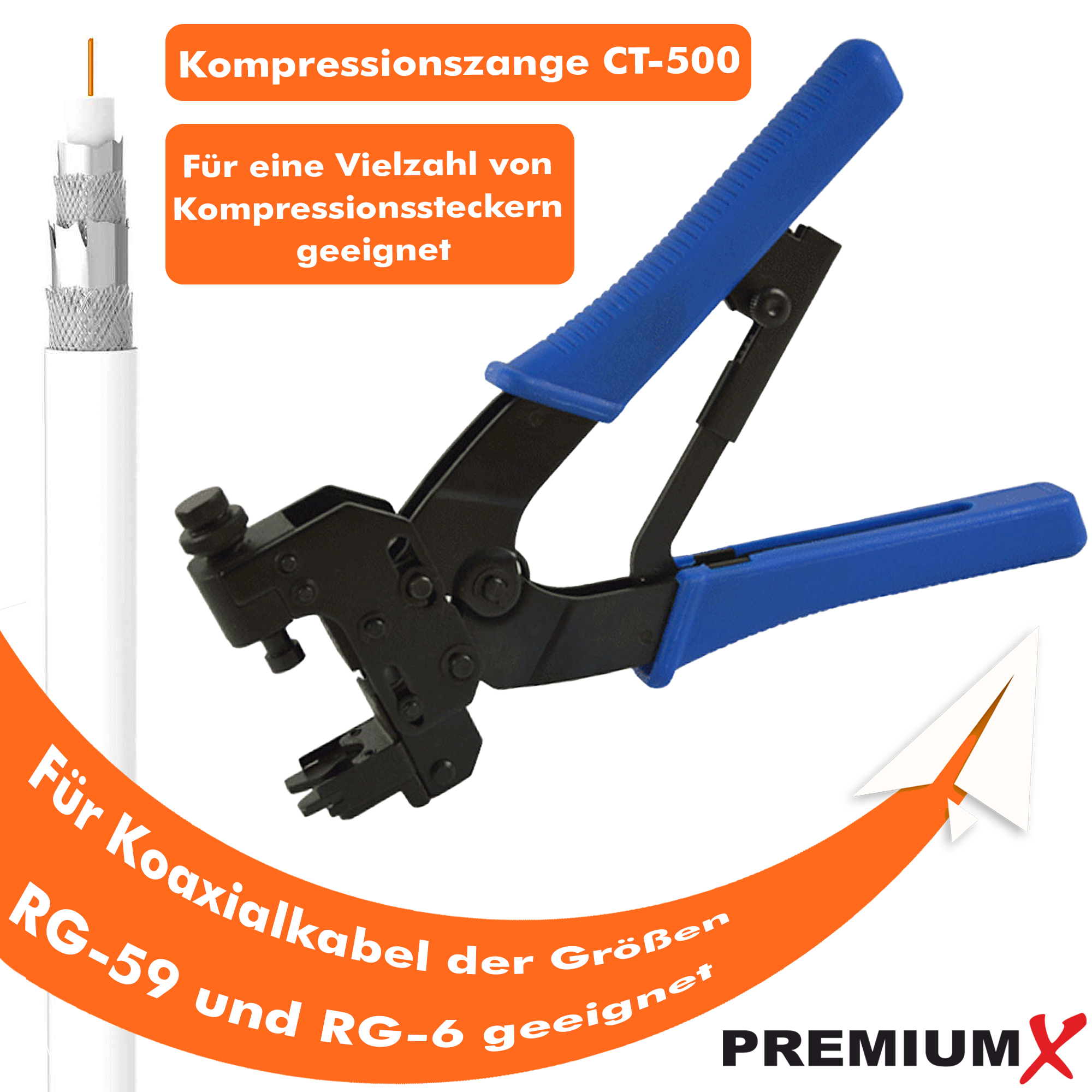 Crimpzange für RG-59- und RG-6-Koaxialkabel. Blaue Griffe, silberner Werkzeugkopf. Weißer Hintergrund.