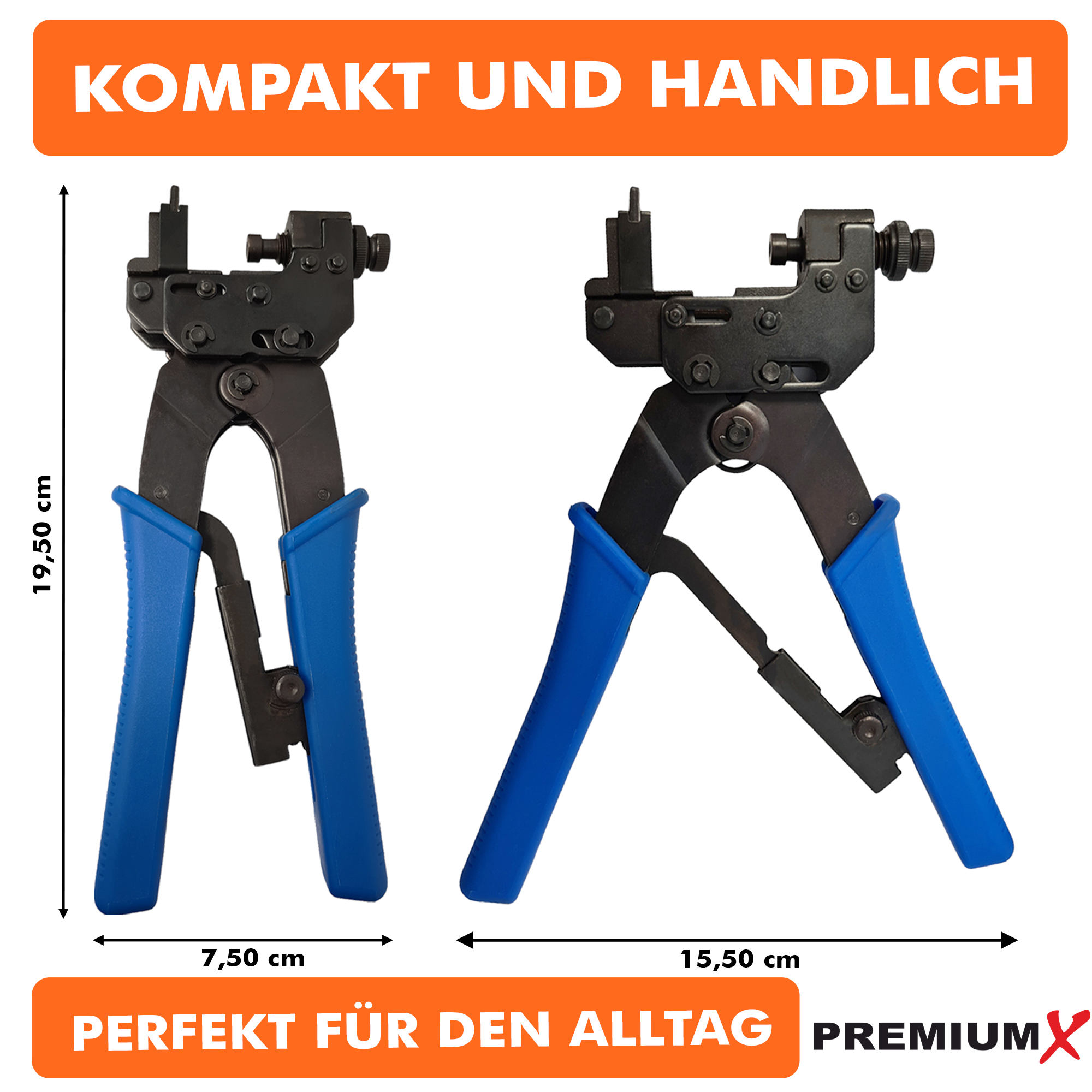 Zwei blaue und schwarze Crimpzangen werden gezeigt. Messungen und Text auf Deutsch sind daneben angegeben.
