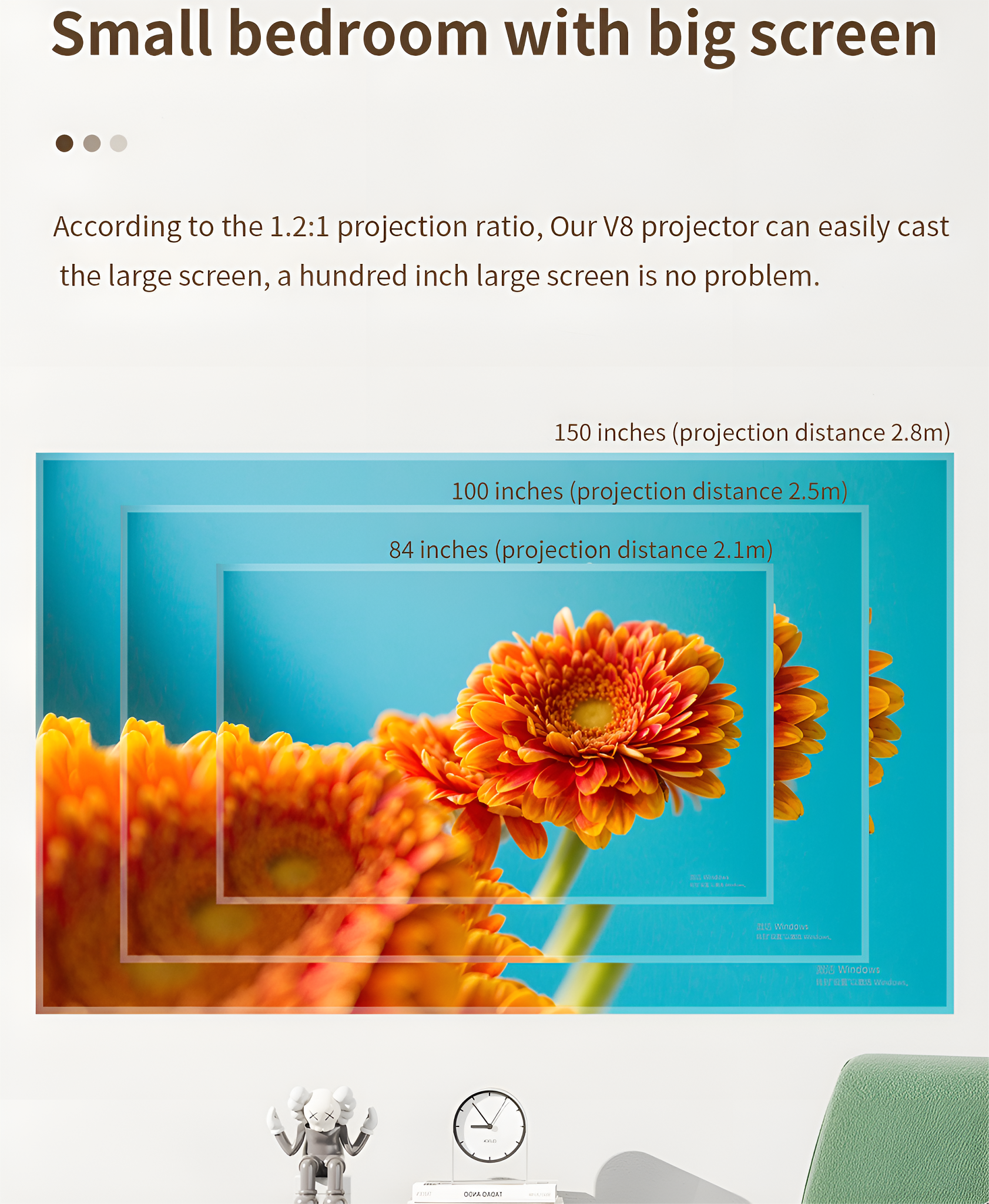 Ein Projektor, der Bilder von Blumen anzeigt, mit verschiedenen Größenangaben und Messungen.