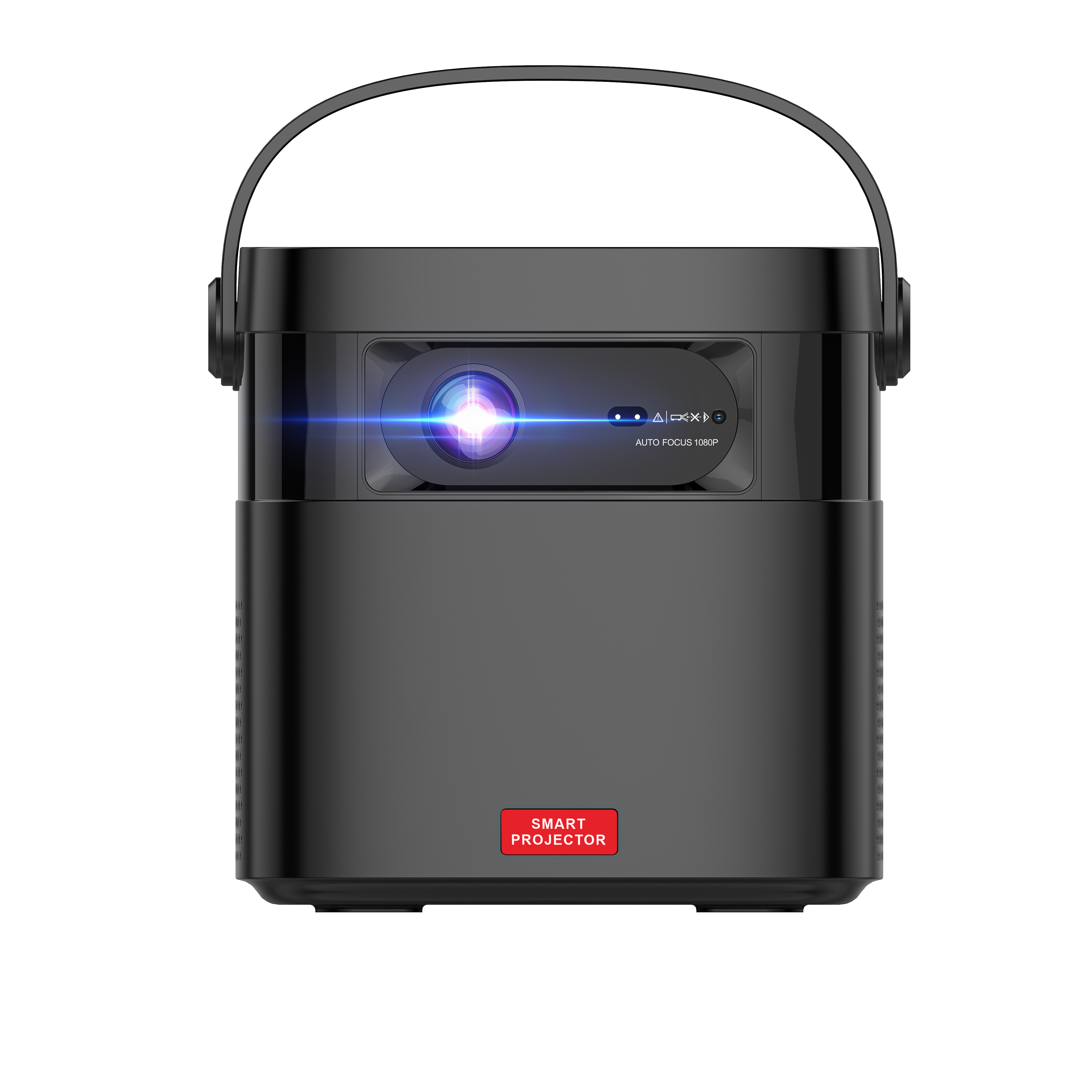 Schwarzer Smart-Projektor mit Griff, Steckdose und Lichtstrahl.