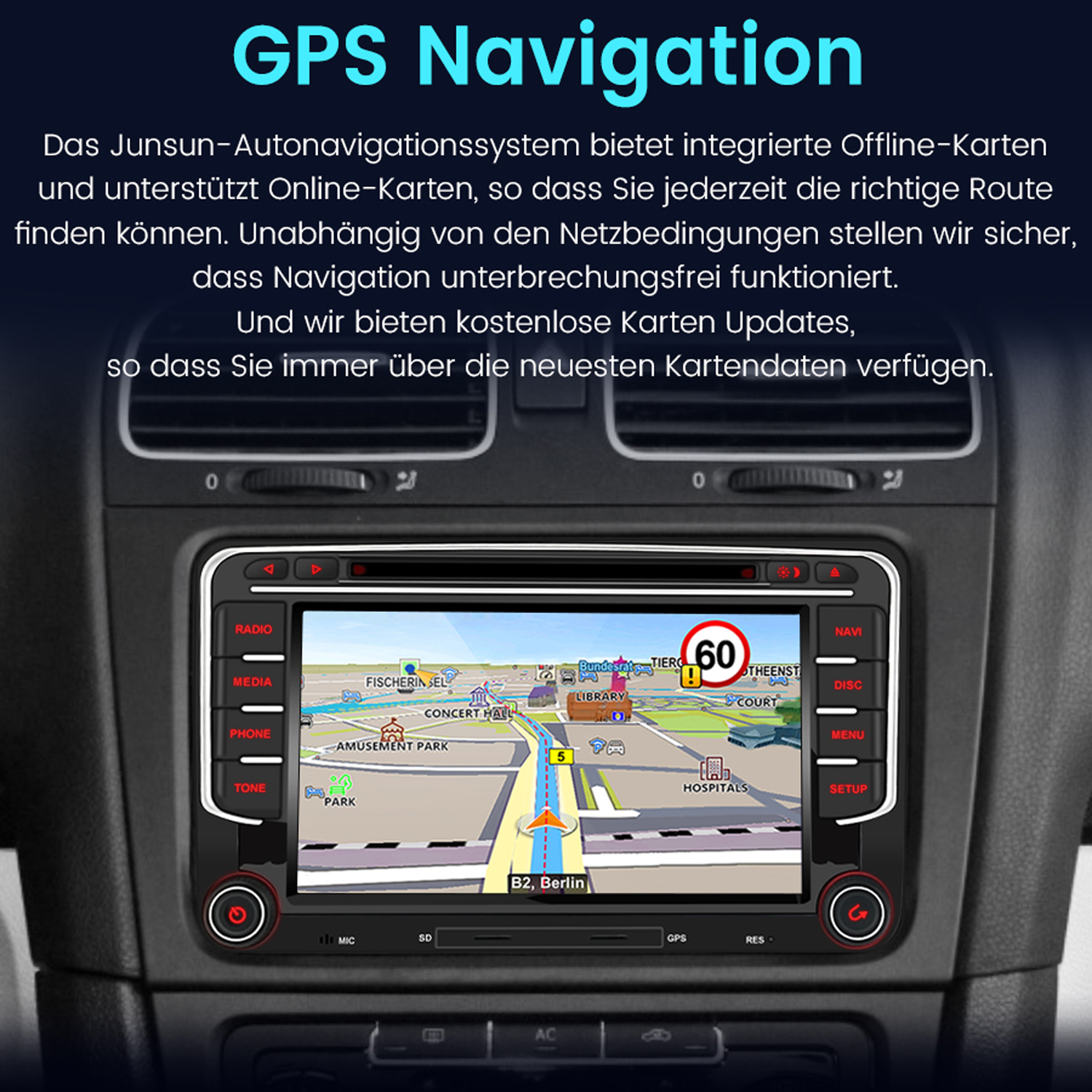 Autonavigationssystem-Bildschirm mit Karte. Der Bildschirm befindet sich in einem Auto-Innenraum. Text: GPS-Navigation.