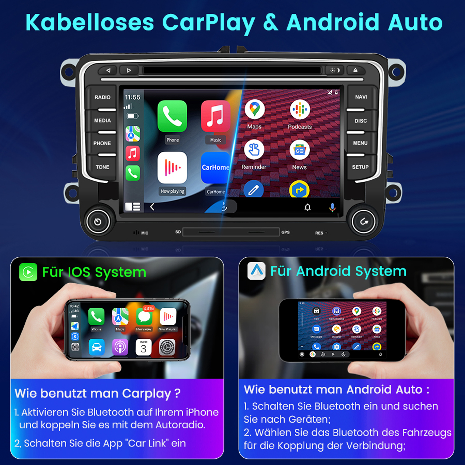 Autoradio mit Display, das App-Oberflächen und Anweisungen für iOS und Android zeigt.