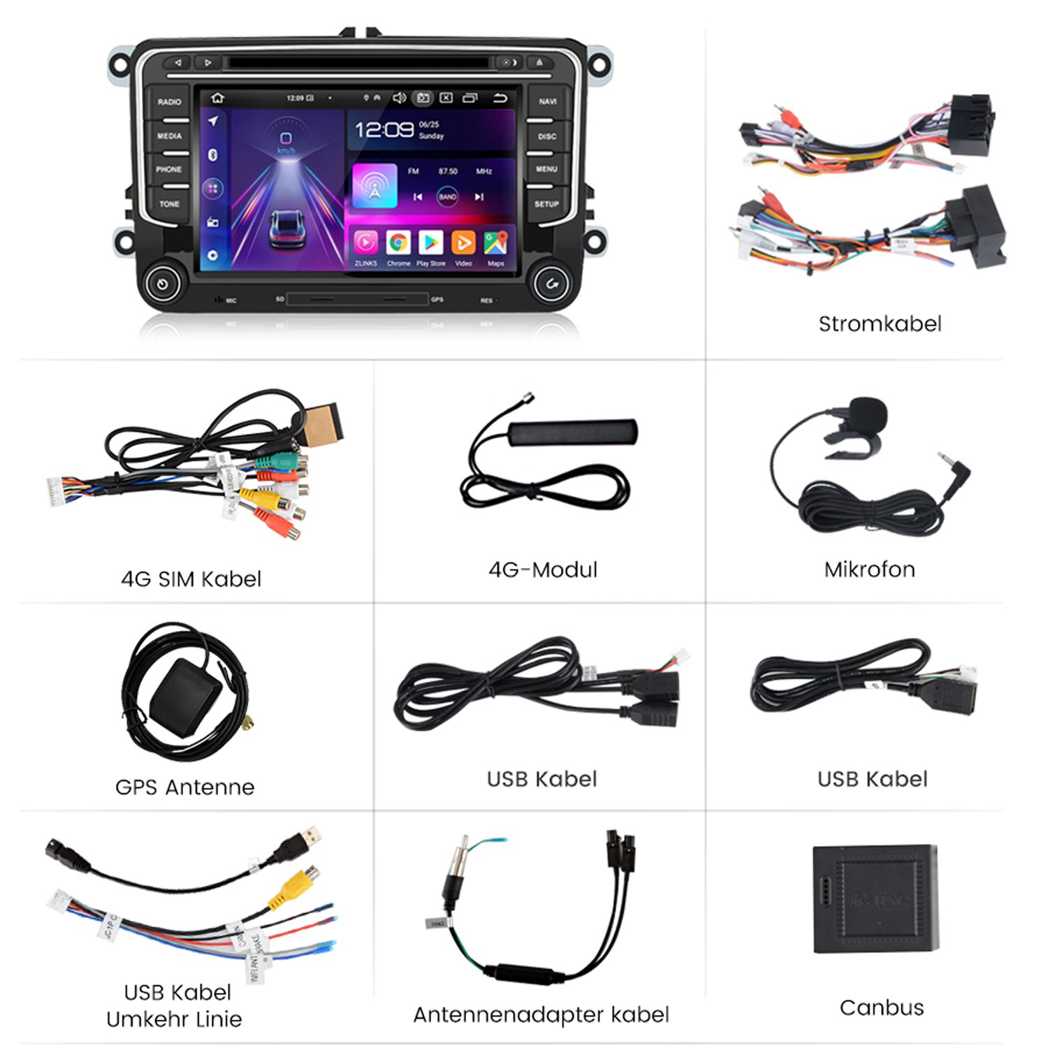 Autoradio-Komponenten: Radio, Kabel, Antenne, Mikrofon, USB-Kabel und mehr. Auf einer Oberfläche angeordnet.