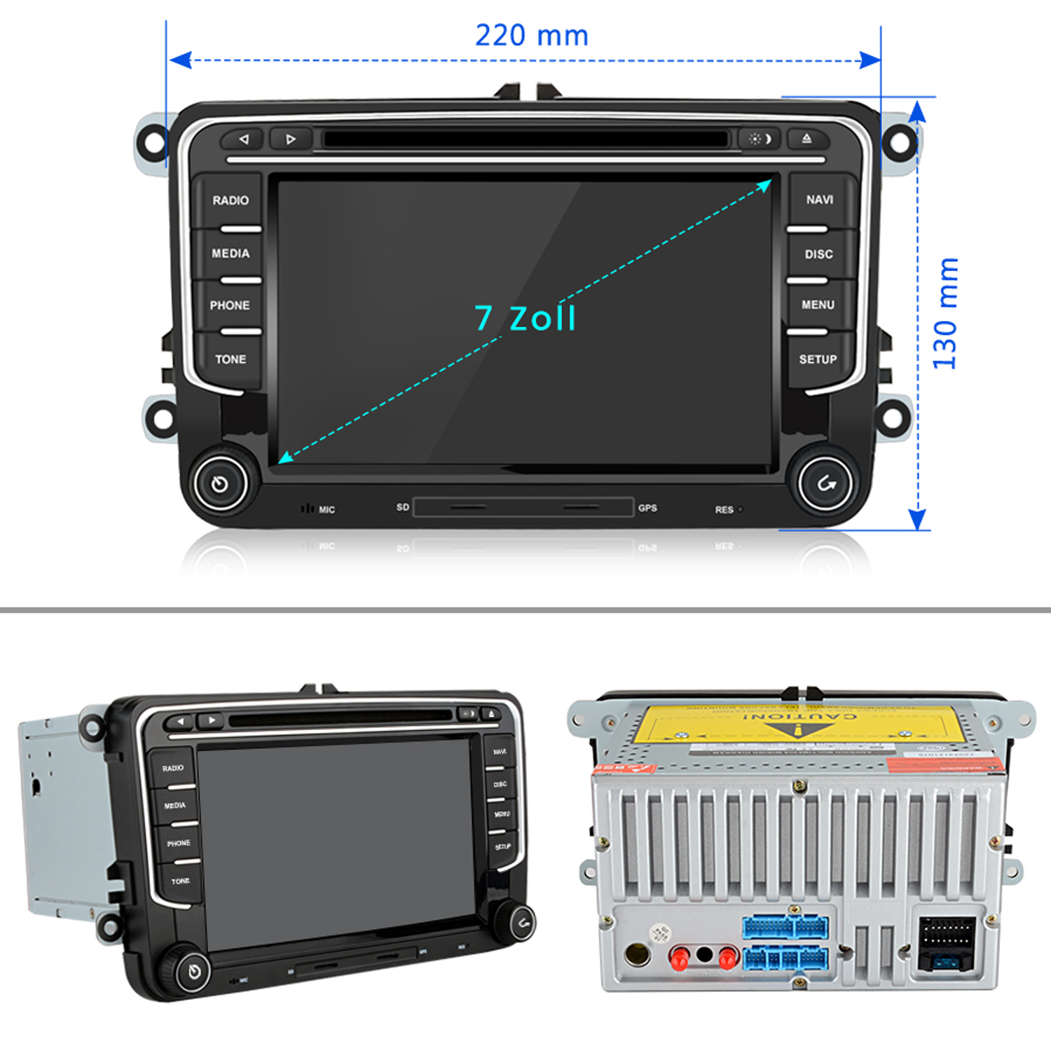 Auto-Multimedia-System mit Bildschirm, Abmessungen gezeigt und zwei alternative Ansichten.