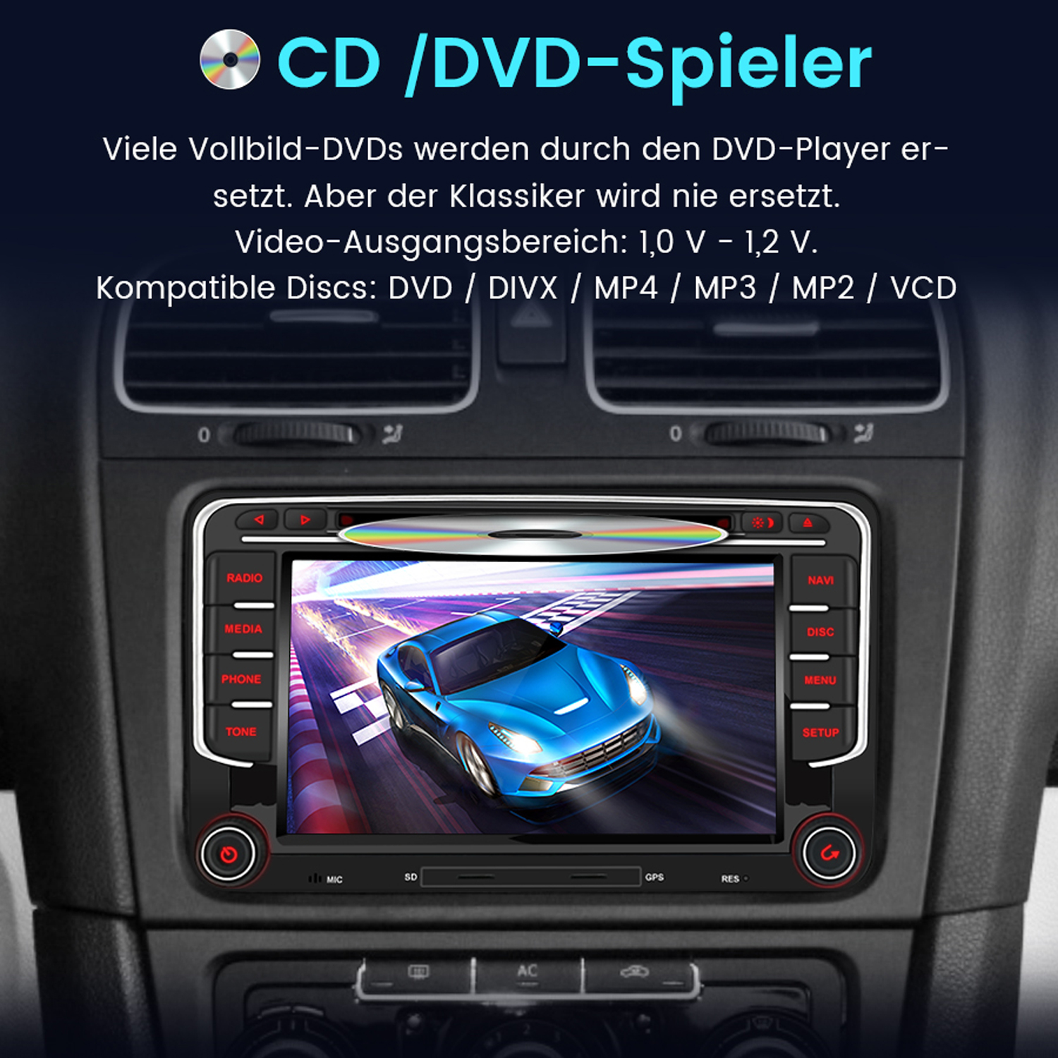 Armaturenbrett eines Autos mit CD/DVD-Player und blauem Auto-Bildschirm.