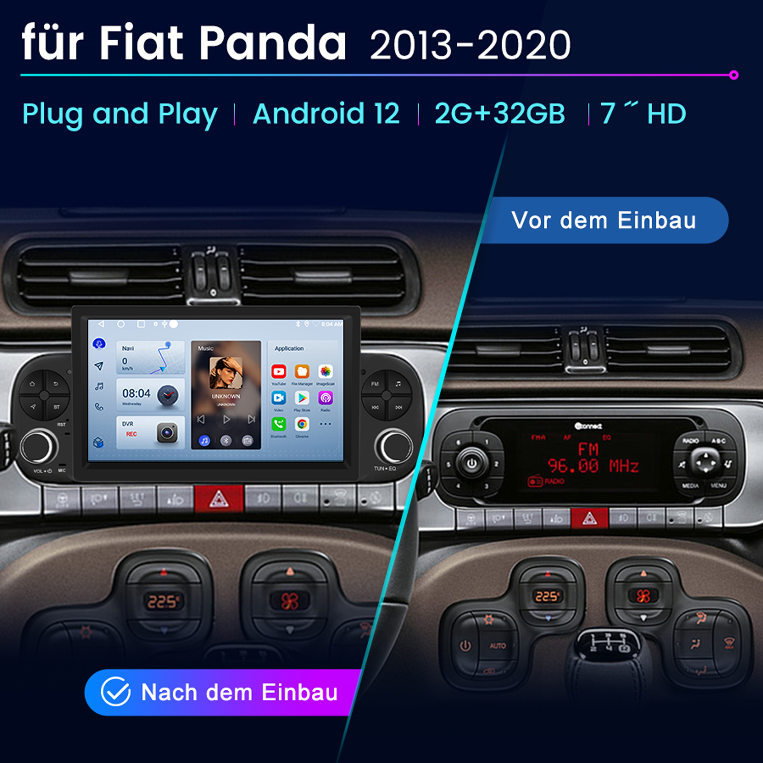 Fiat Panda-Autoinnenraum mit neu installiertem Bildschirm und Originalradio. Navigation, Musik, Anwendungssymbole.