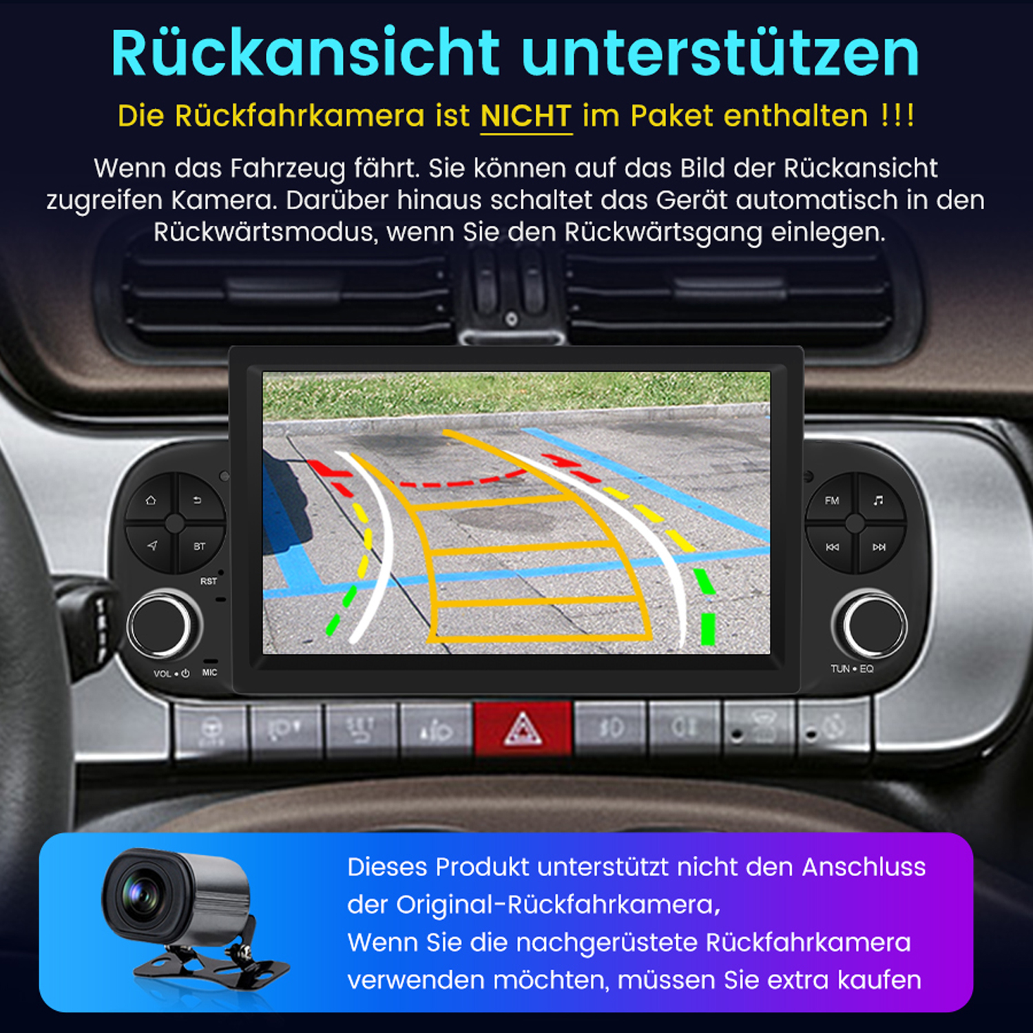 Armaturenbrett mit Bildschirm, der eine Rückfahrkamerabild anzeigt. Text auf Deutsch zur Funktion.