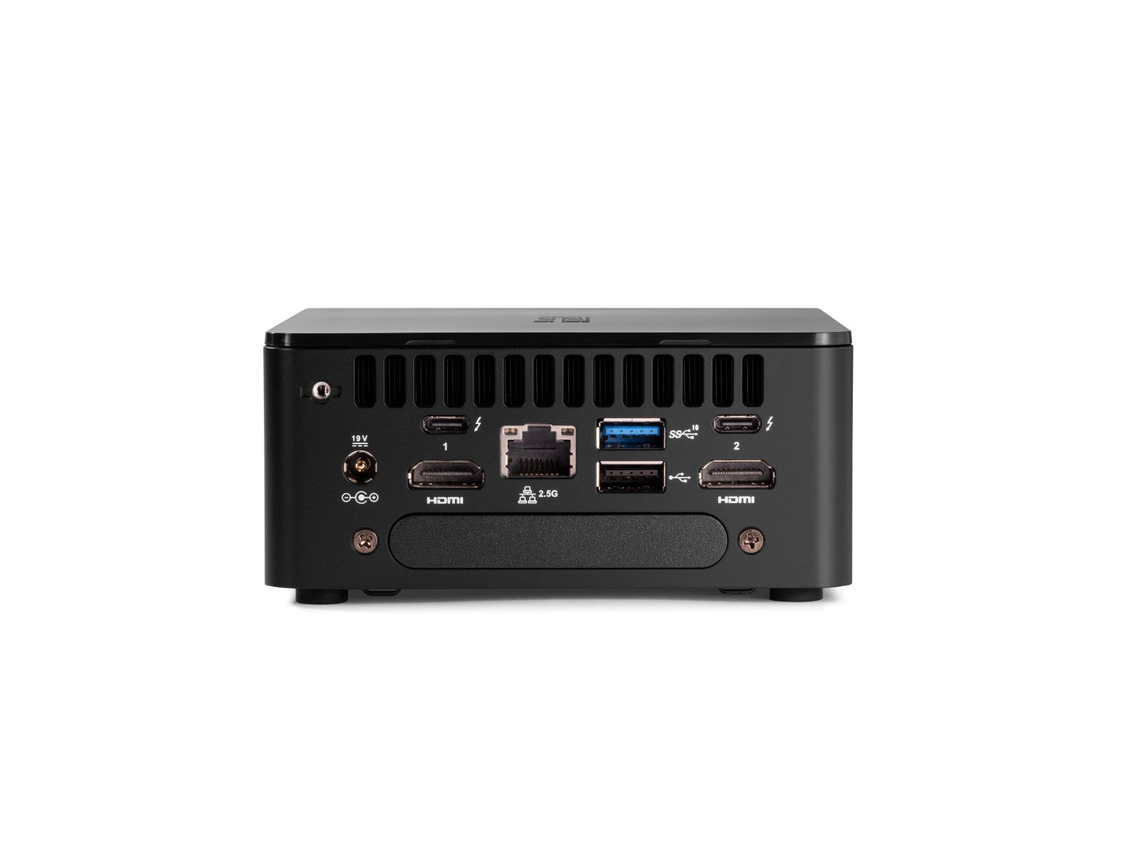 Schwarzer Mini-PC mit mehreren Anschlüssen und Steckern auf der Rückseite, einschließlich HDMI und USB.