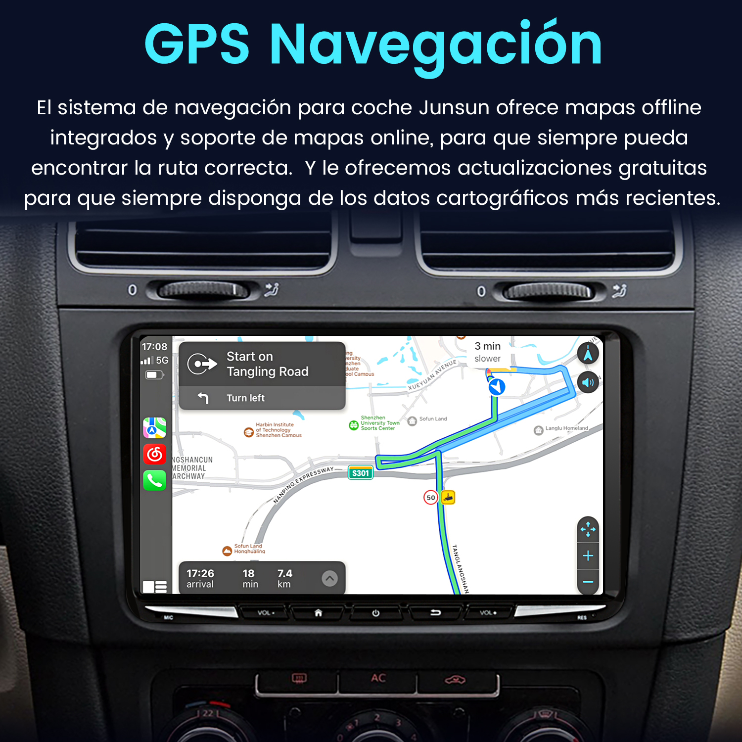 Panel de instrumentos del coche con navegación GPS mostrando un mapa y direcciones.