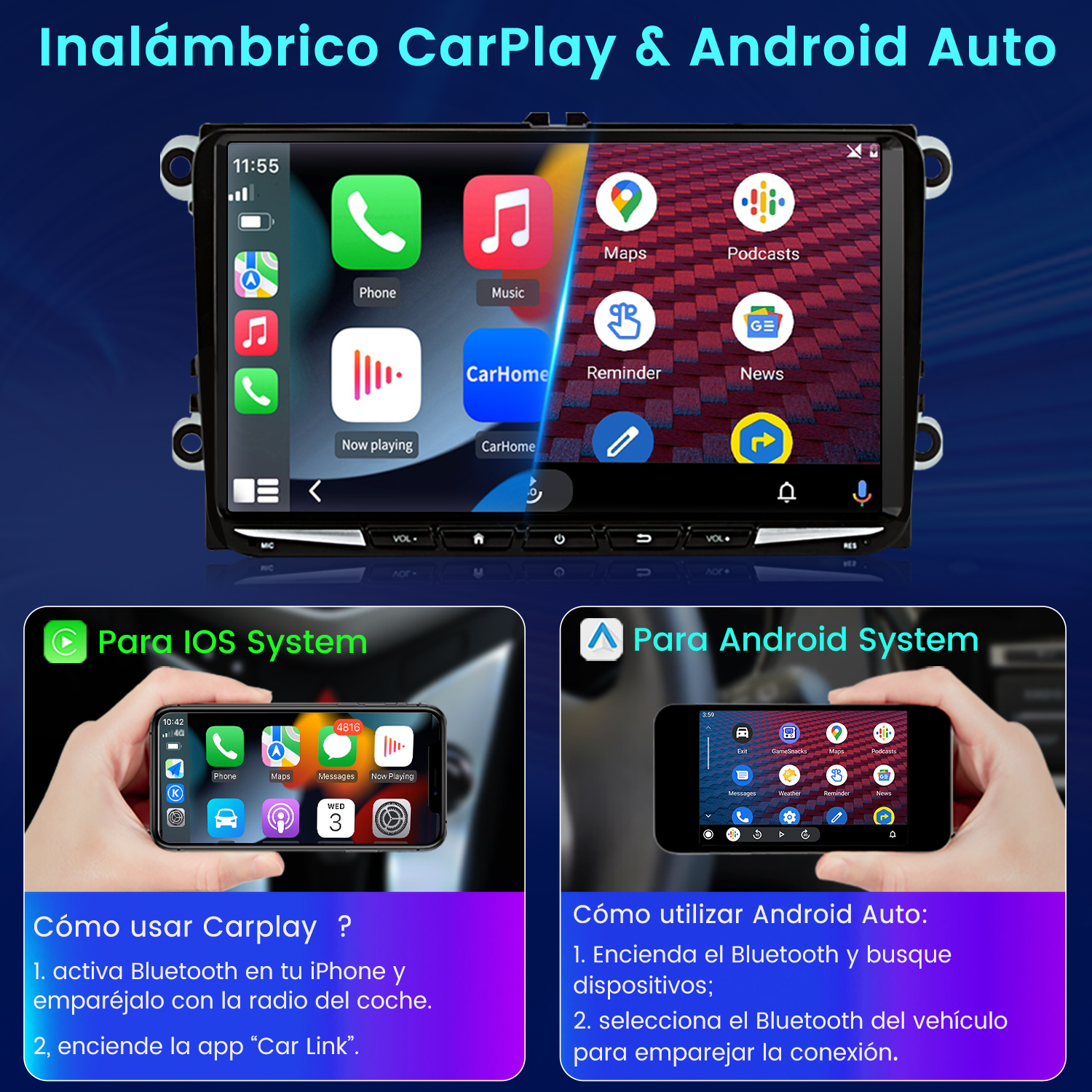 Una pantalla que muestra el sistema de infoentretenimiento de un coche con opciones de navegación, música y teléfono.