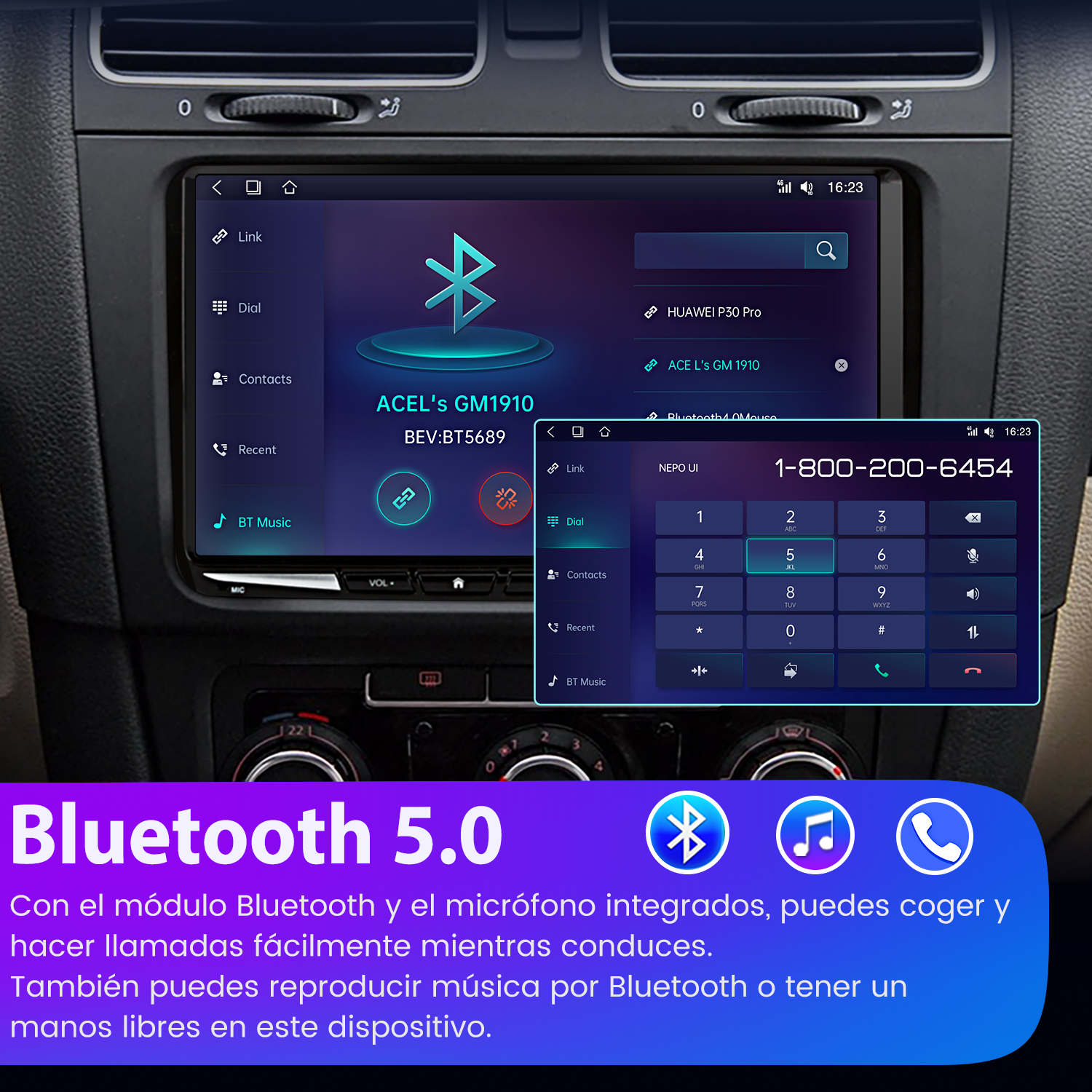 Autorradio con pantalla táctil, que muestra un marcador telefónico y una pantalla de conexión Bluetooth.