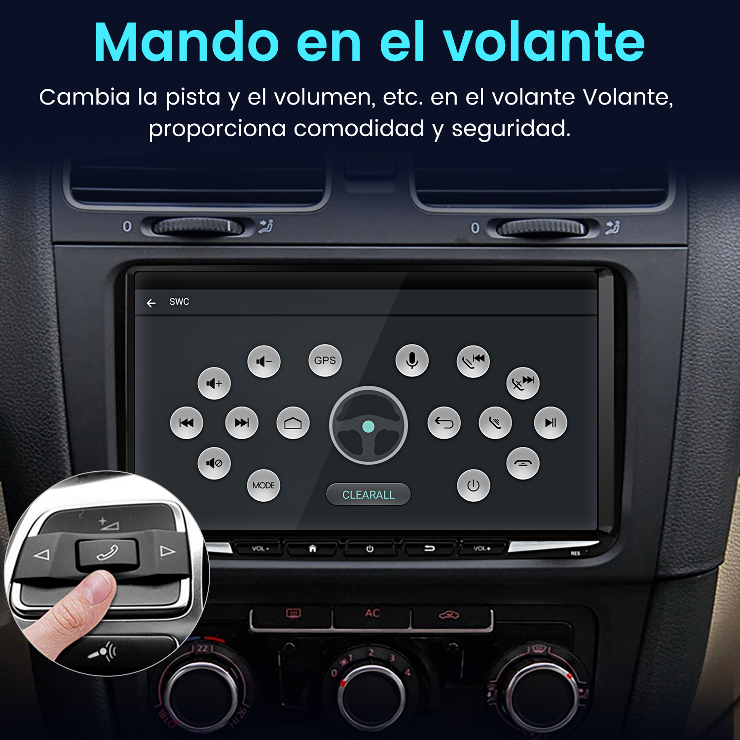 Consola de coche con una pantalla que muestra opciones de control, una mano presionando un botón en el volante.
