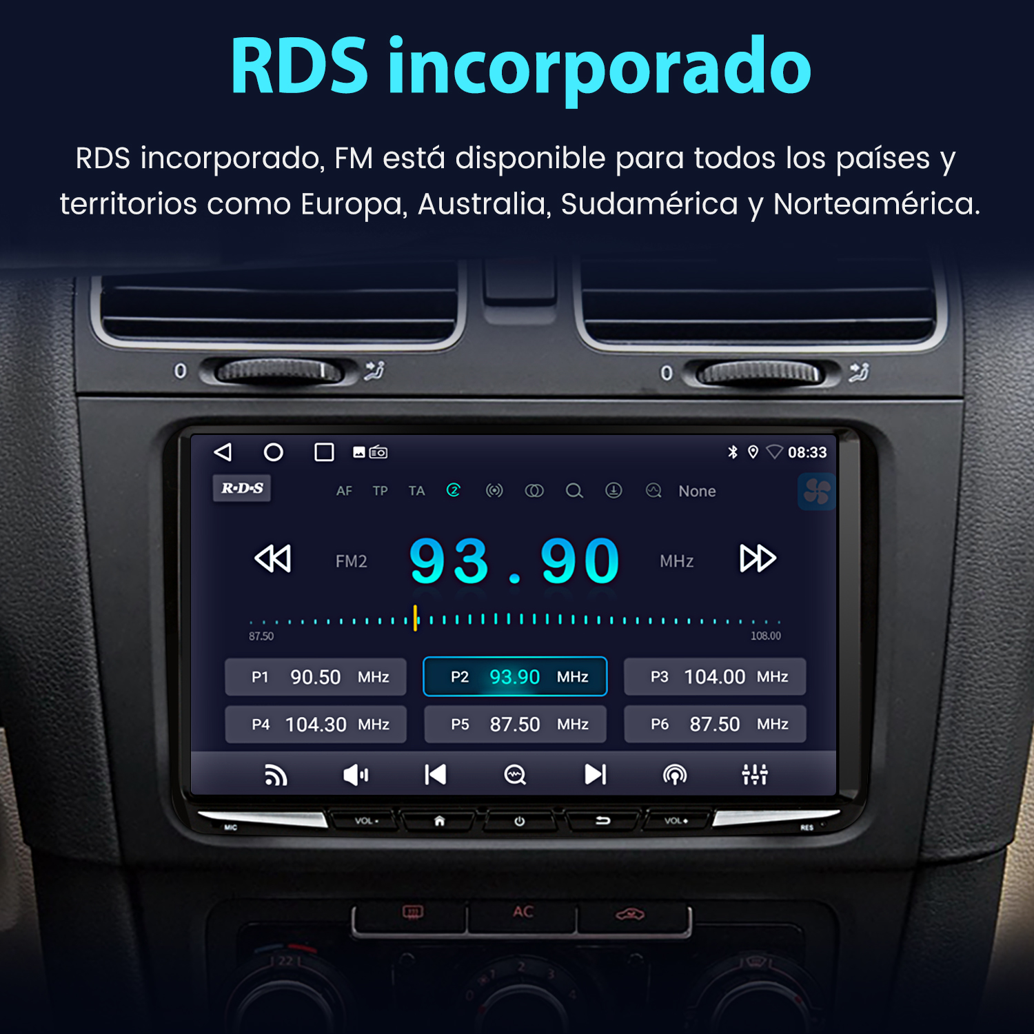 Una pantalla de radio de coche que muestra información de radio. La pantalla muestra varias estaciones de radio FM y controles.