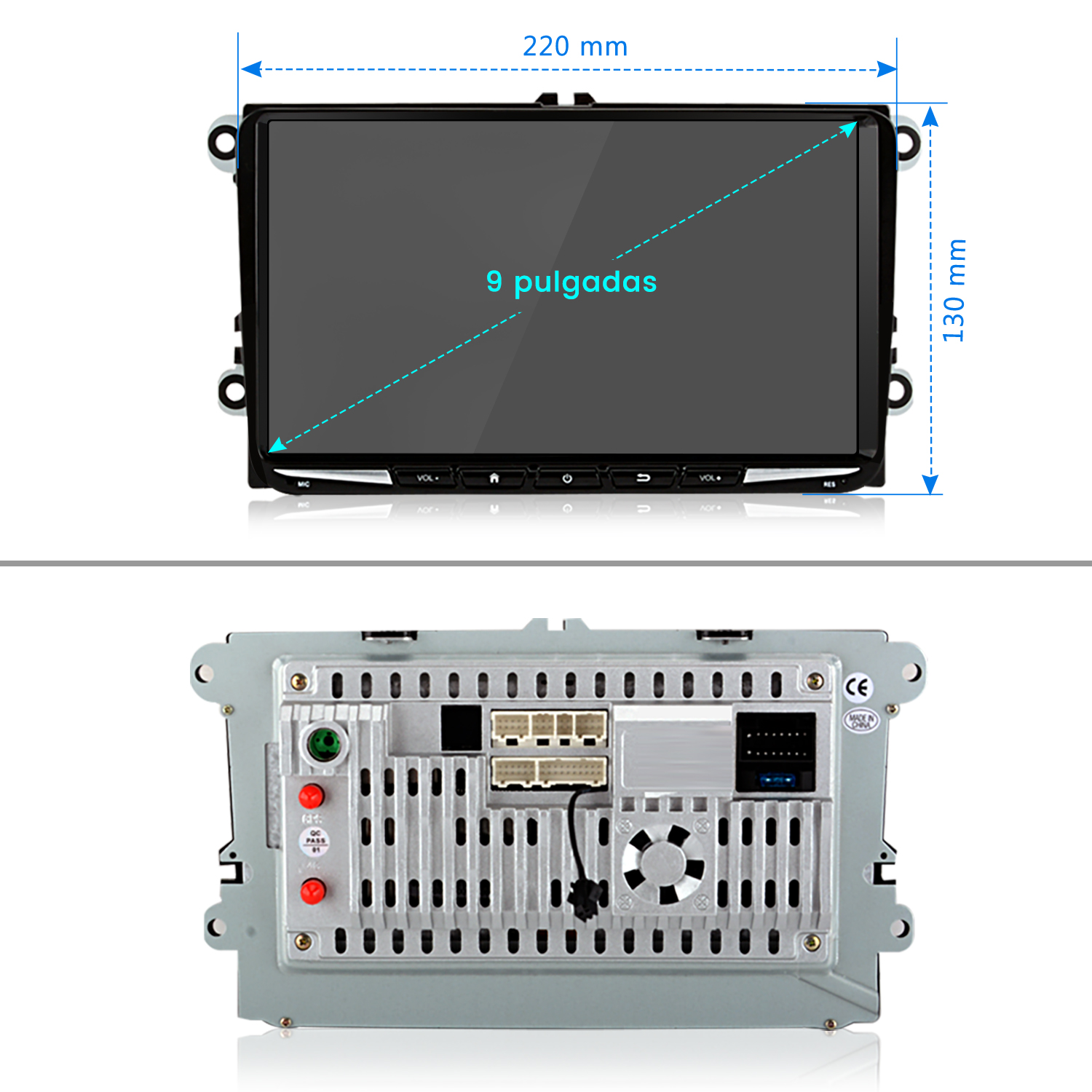 Auto-Multimedia-Bildschirm mit Abmessungen. Der Bildschirm zeigt den Text '9 pulgadas'.