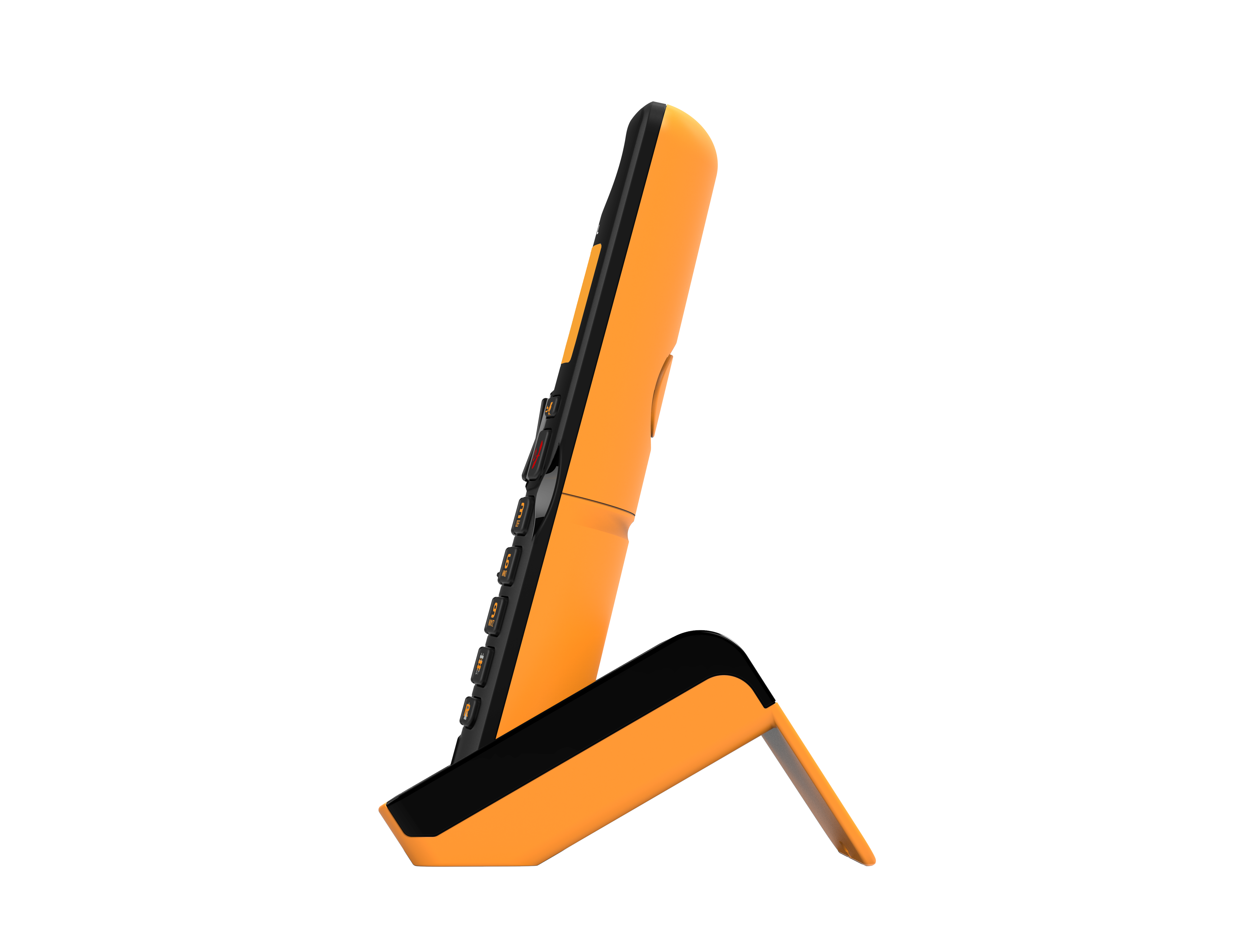 Téléphone sans fil orange et noir sur un socle, vue de côté.