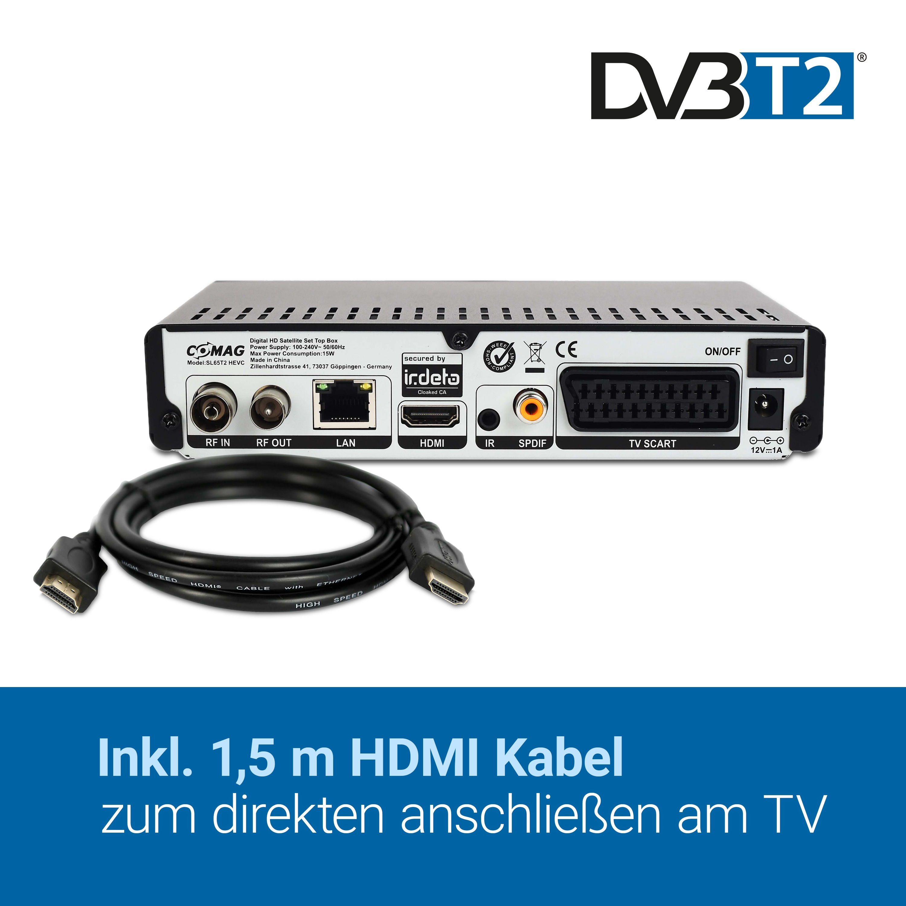 Schwarzer digitaler Receiver mit mehreren Anschlüssen, HDMI-Kabel und Text 'DVBT2' oben.