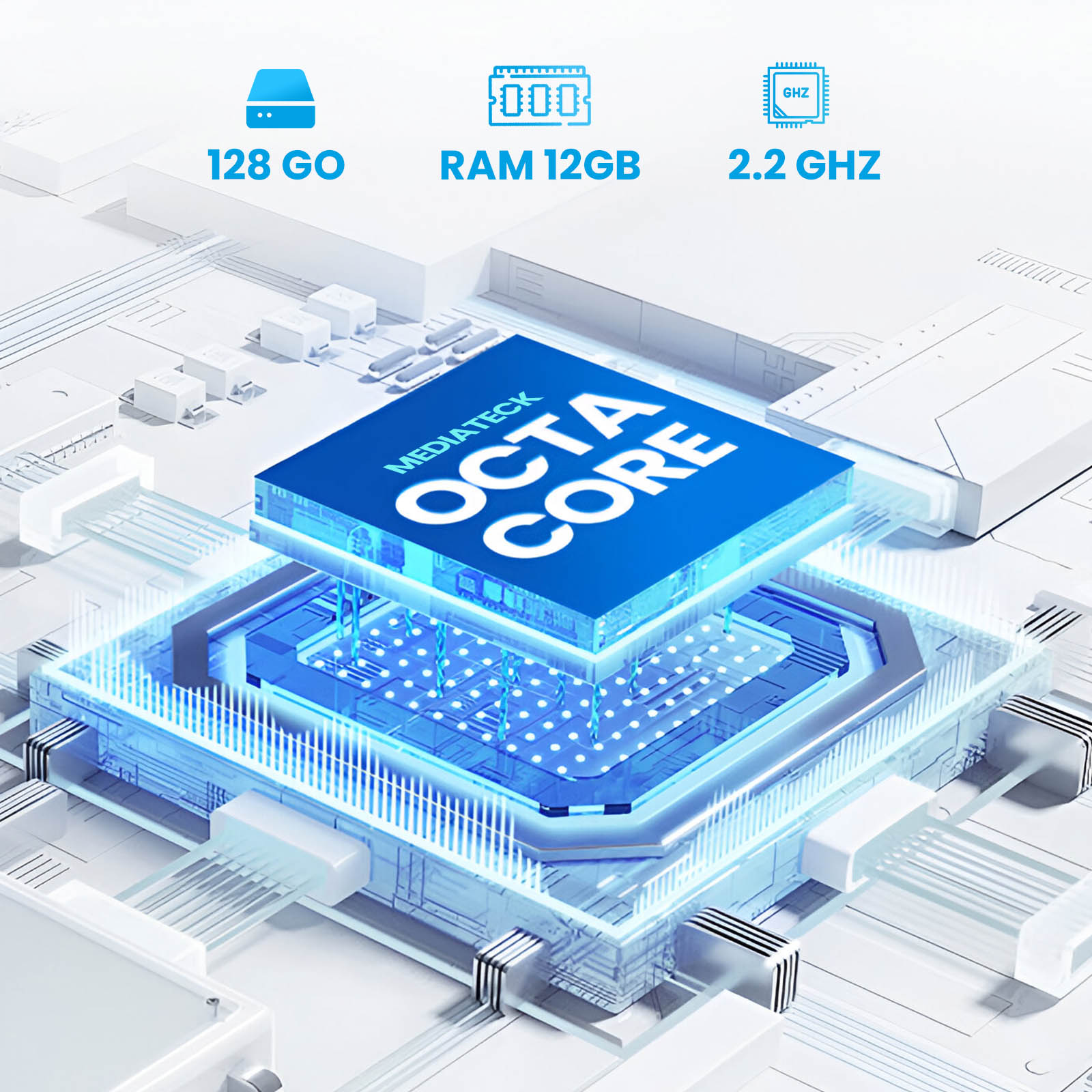 Procesor Octa Core z 128GB, 12GB RAM, 2.2 GHz, niebieskie akcenty.
