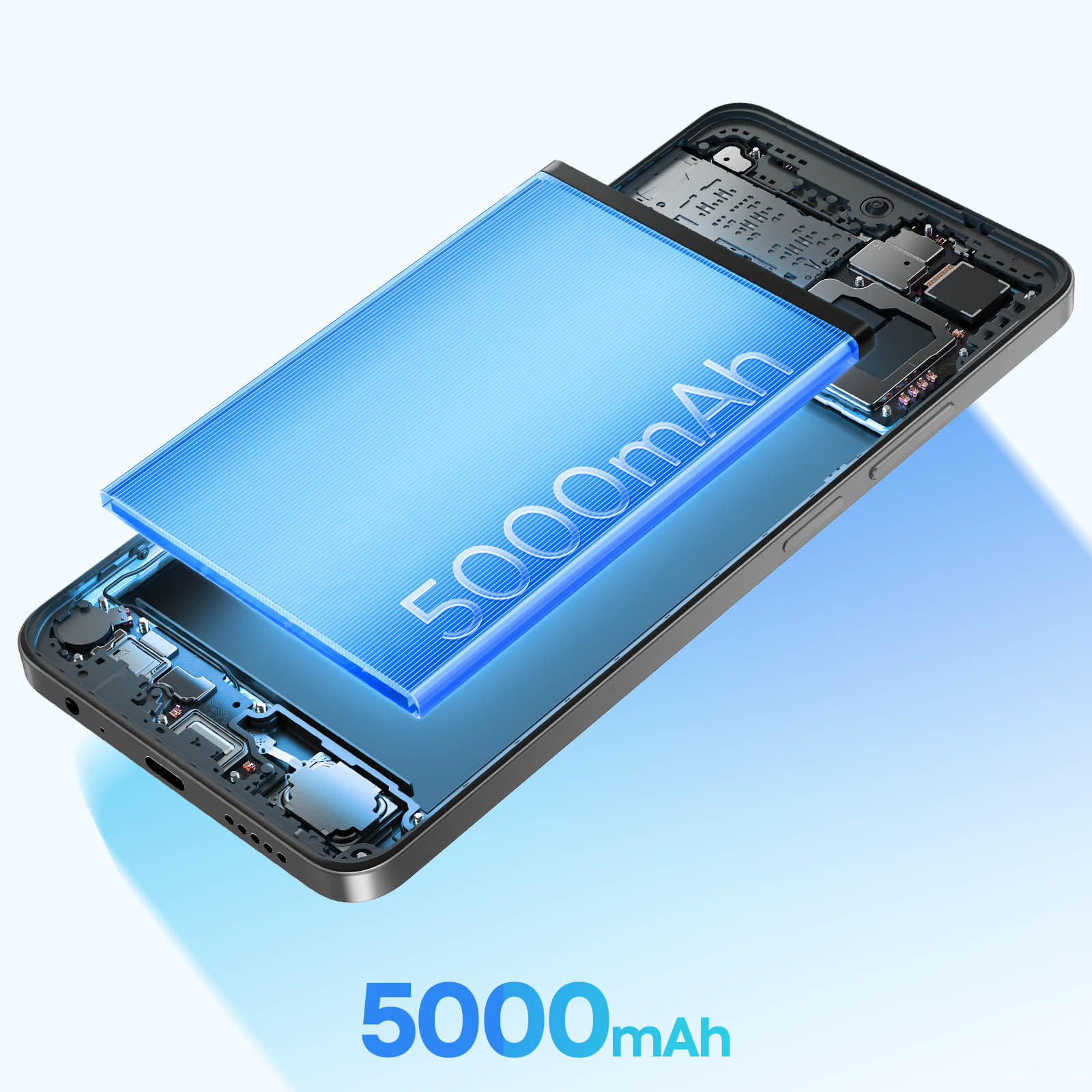 Telefon z niebieską baterią 5000mAh, wskazującą pojemność.