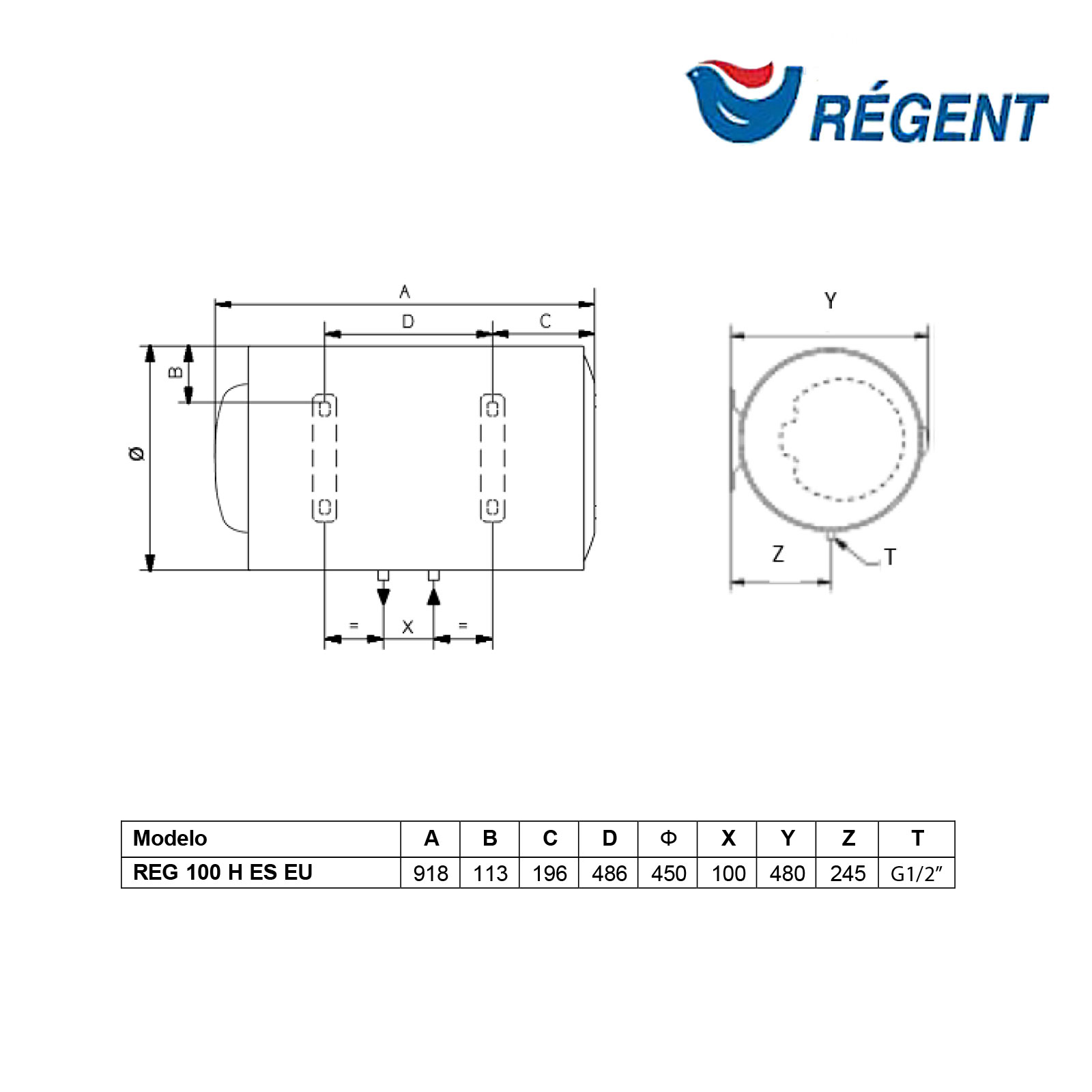 Diagrama de un calentador de agua con medidas y el logotipo de Regent en la parte superior derecha.