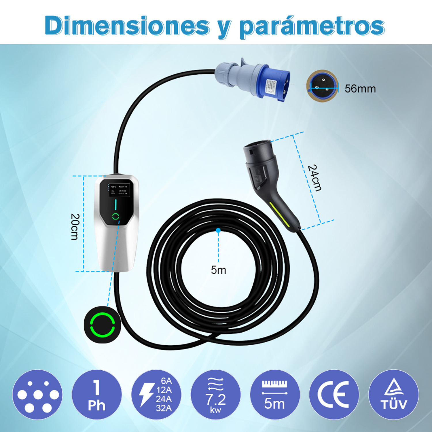 Ein EV-Ladegerät mit Abmessungen und Parametern, mit Stecker, Kabel und Bedienfeld.