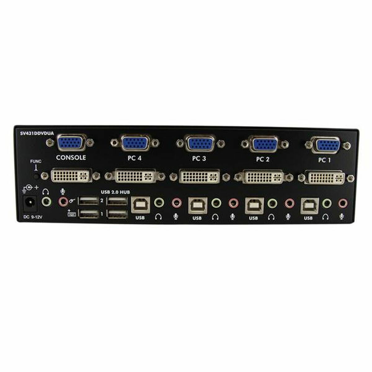 V-Switch negro con múltiples puertos. Conectores incluyen VGA, DVI, USB y jacks de audio.