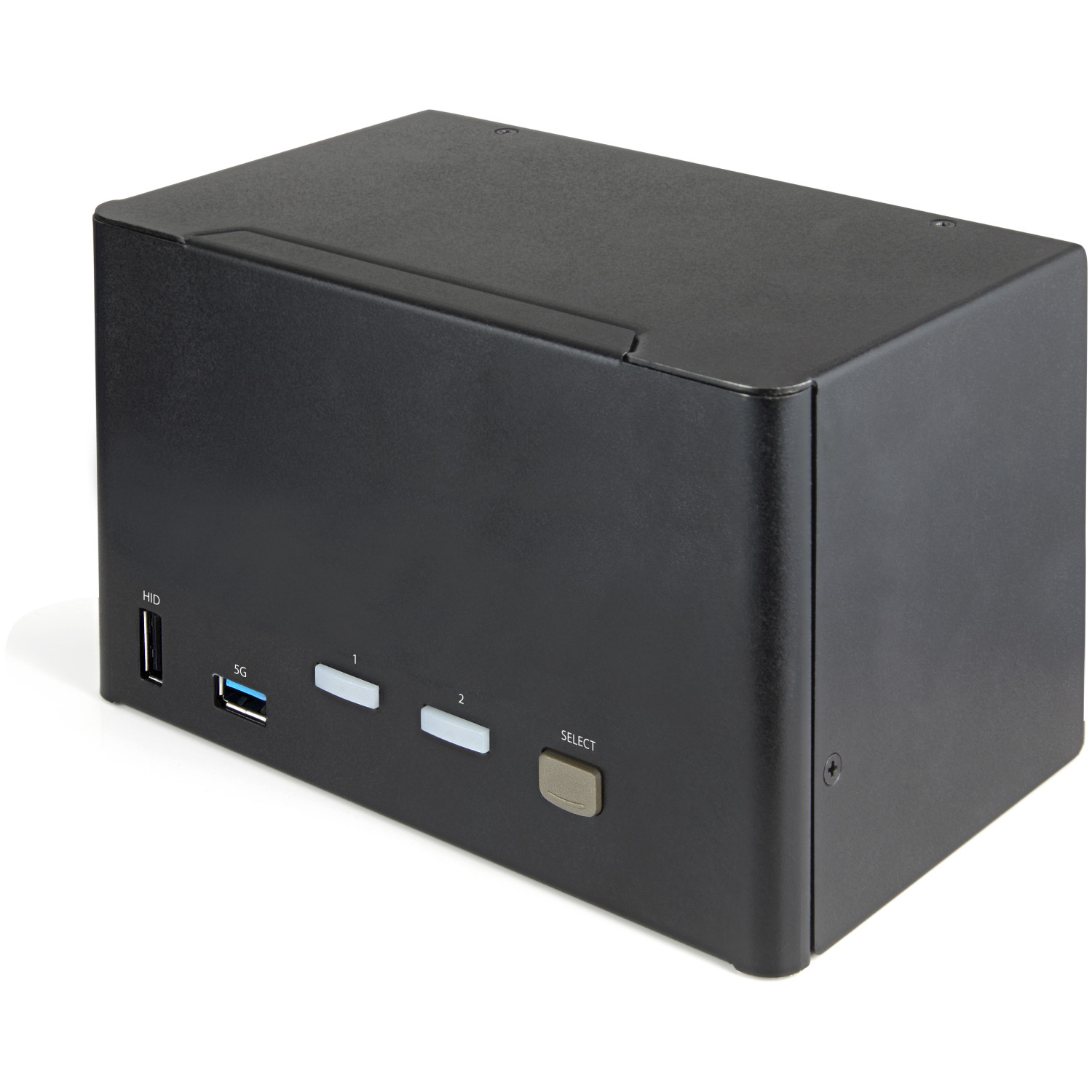 Ein schwarzes, kastenförmiges Gerät mit USB- und anderen Anschlüssen sowie zwei nummerierten Tasten.