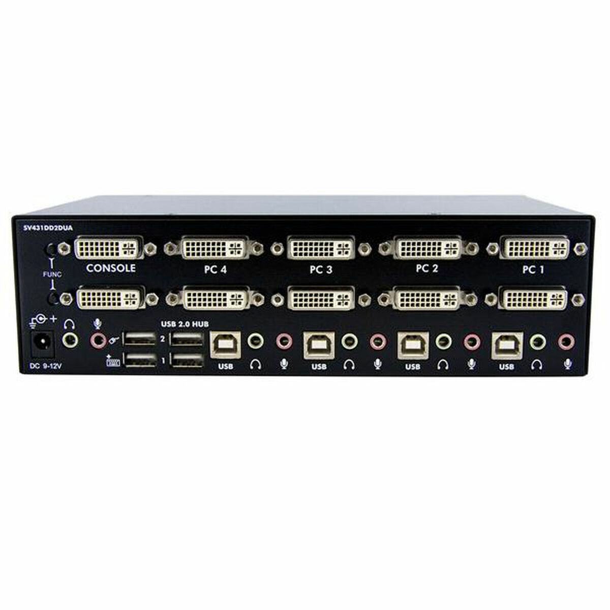 Switch KVM nero con più porte. Ha porte console, DVI, USB e audio.