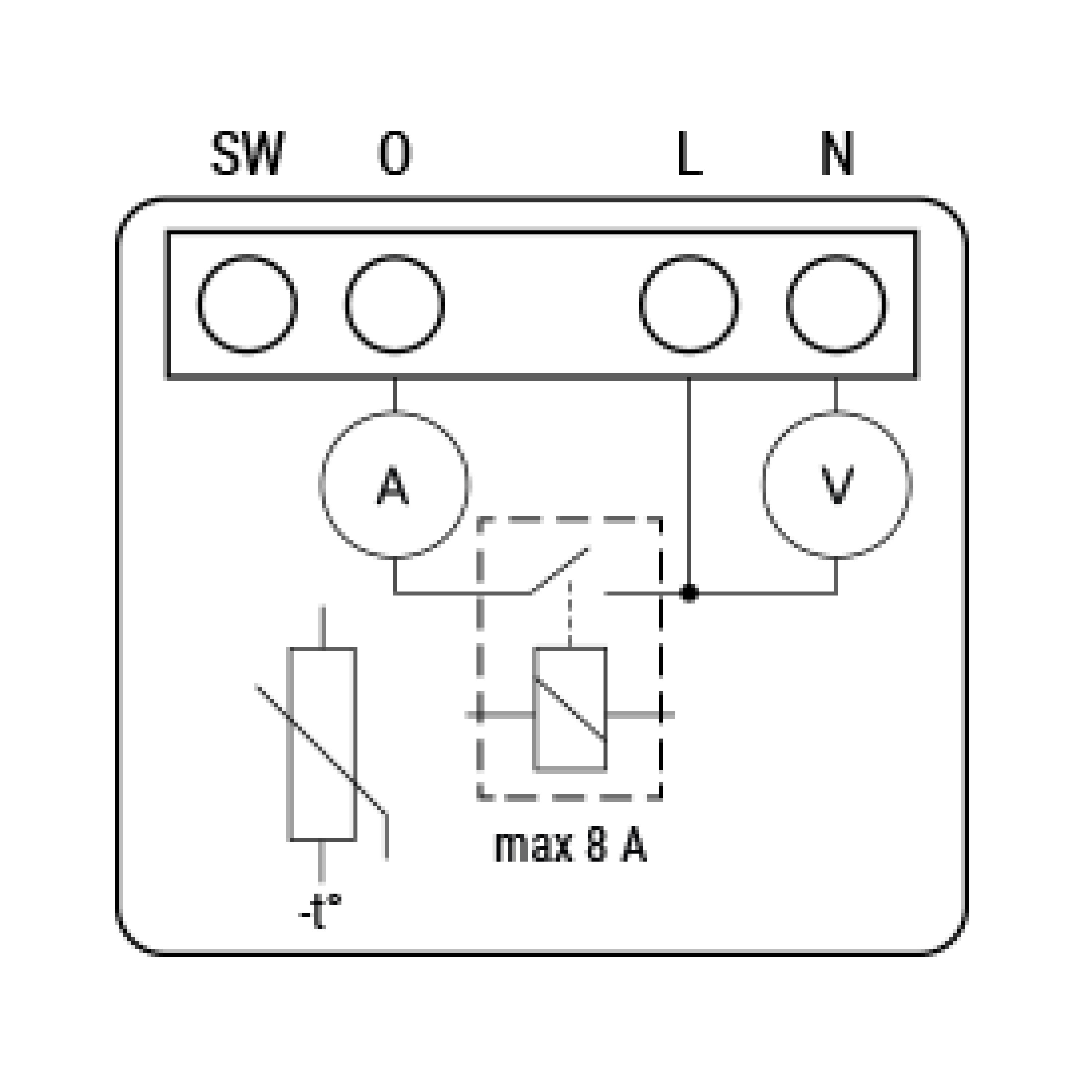 Schemat elektryczny obwodu z zaciskami i komponentami.