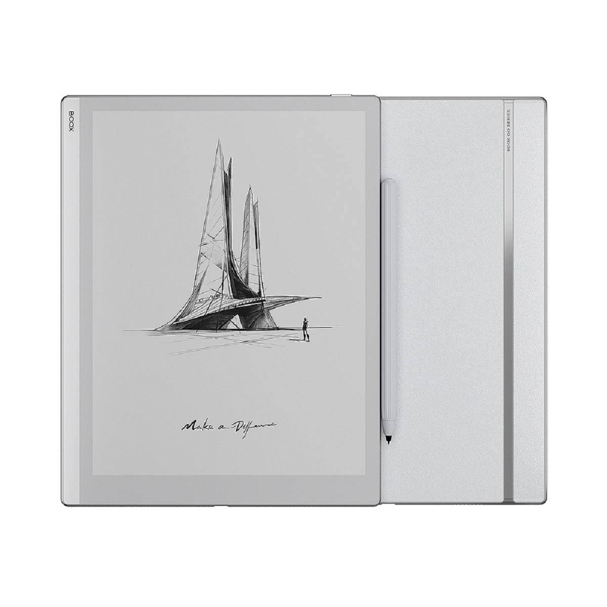 Silbernes Tablet mit Stift. Der Bildschirm zeigt eine Zeichnung eines Gebäudes.