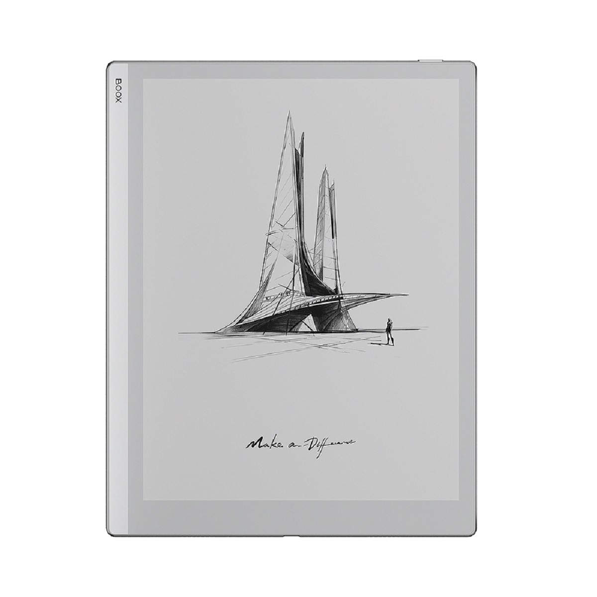 E-Reader mit einer Zeichnung eines modernen Gebäudes mit einer Person davor. Text: 'Make a Difference'.