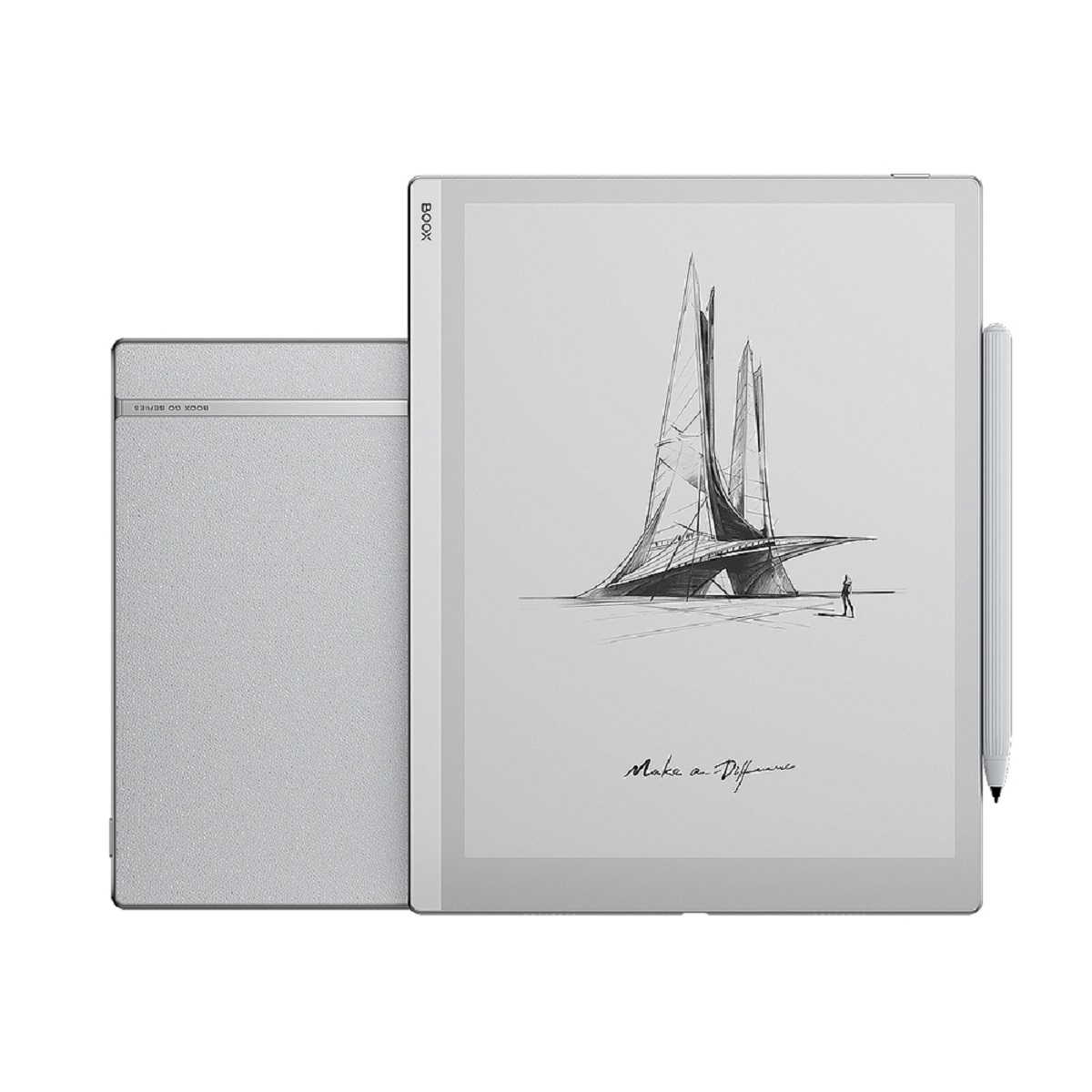 Ein grauer E-Reader mit einem Stift und einer modernen abstrakten Zeichnung.