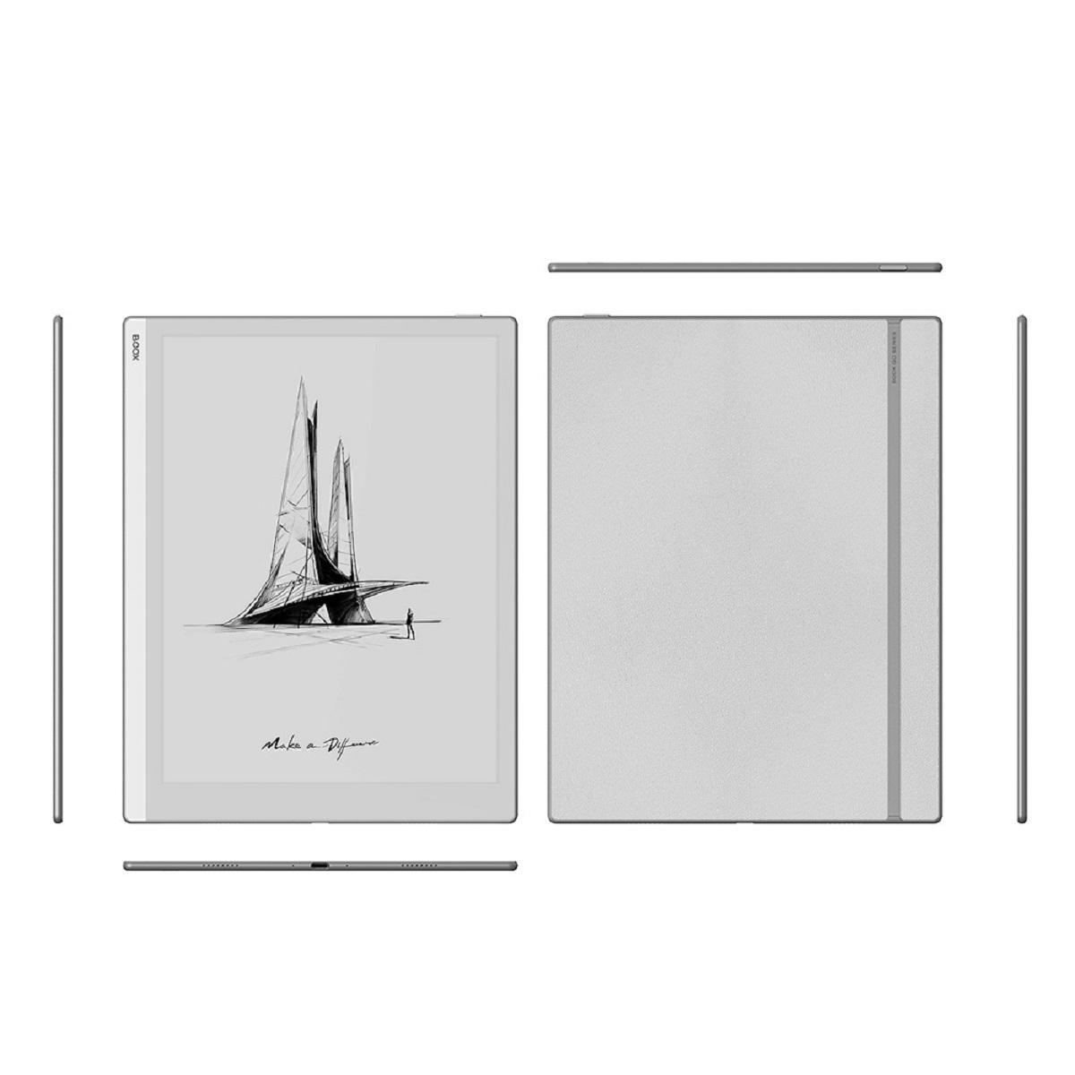 Ein Graustufenbild eines Tablets, das eine Bootskizze zeigt. Verschiedene Seitenansichten sind ebenfalls gezeigt.