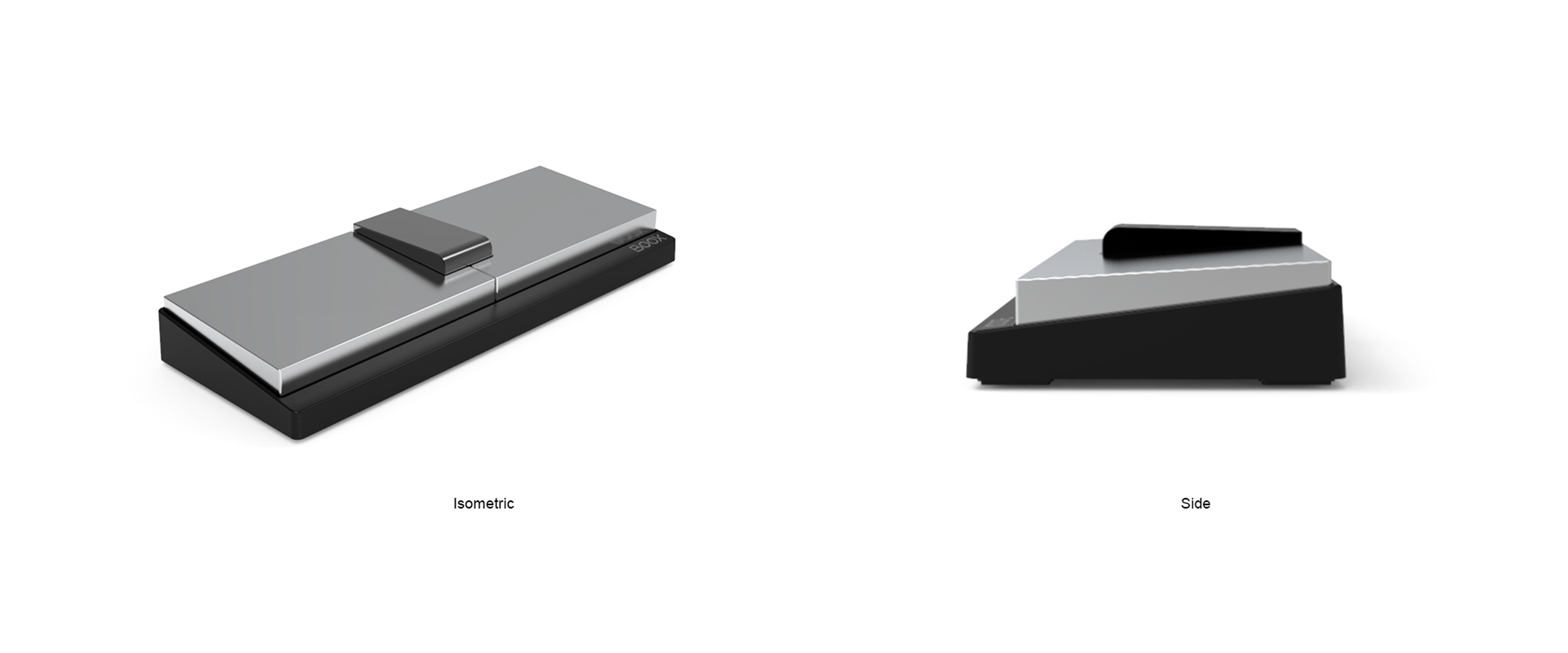 Dos imágenes de un dispositivo negro y plateado. Una es isométrica, la otra muestra la vista lateral.