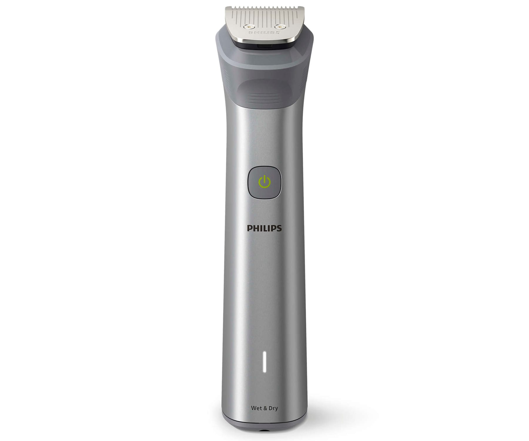 Srebrny trymer do ciała Philips z zielonym przyciskiem na białym tle.