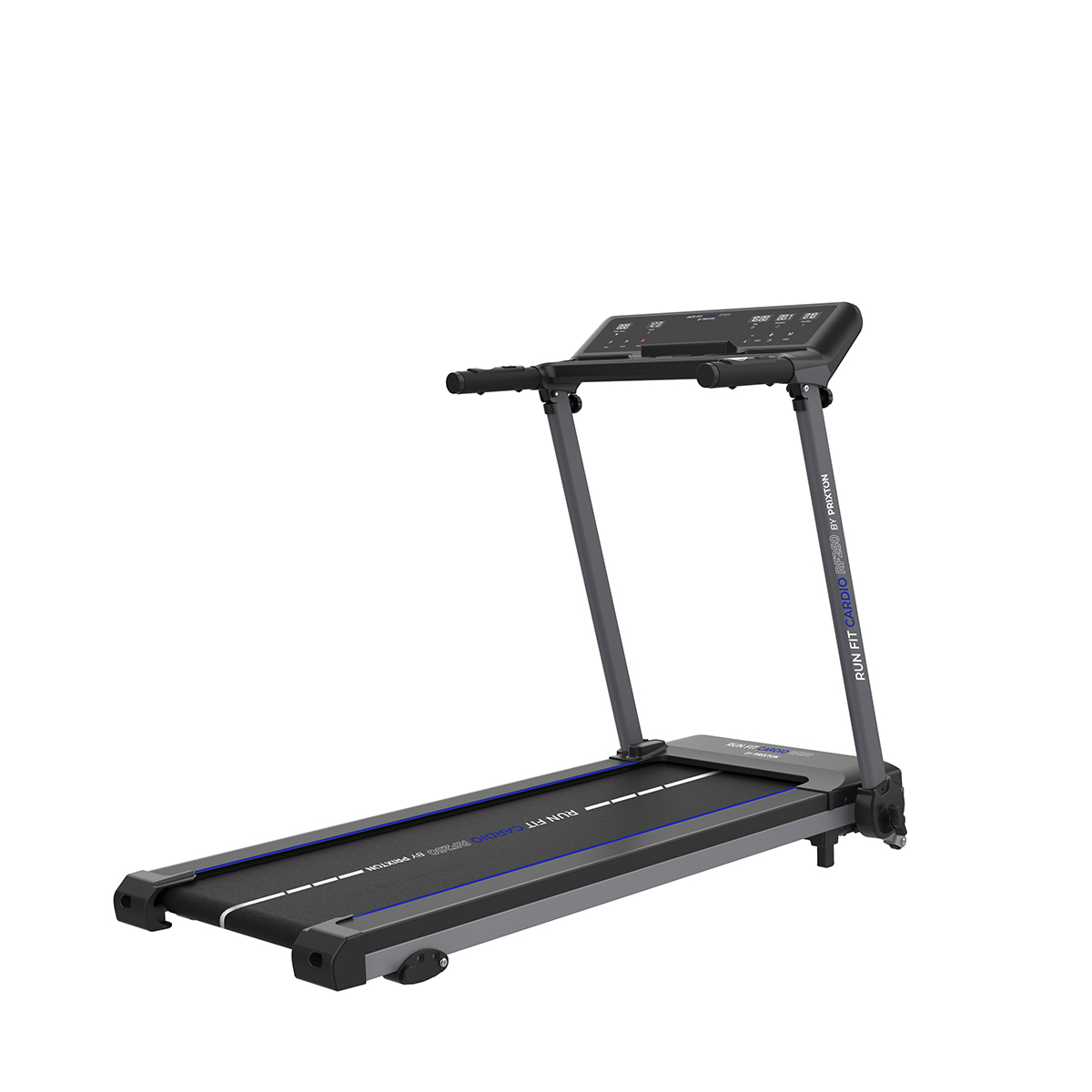 Bieżnia na białej powierzchni. Jest szara i czarna z niebieską linią.